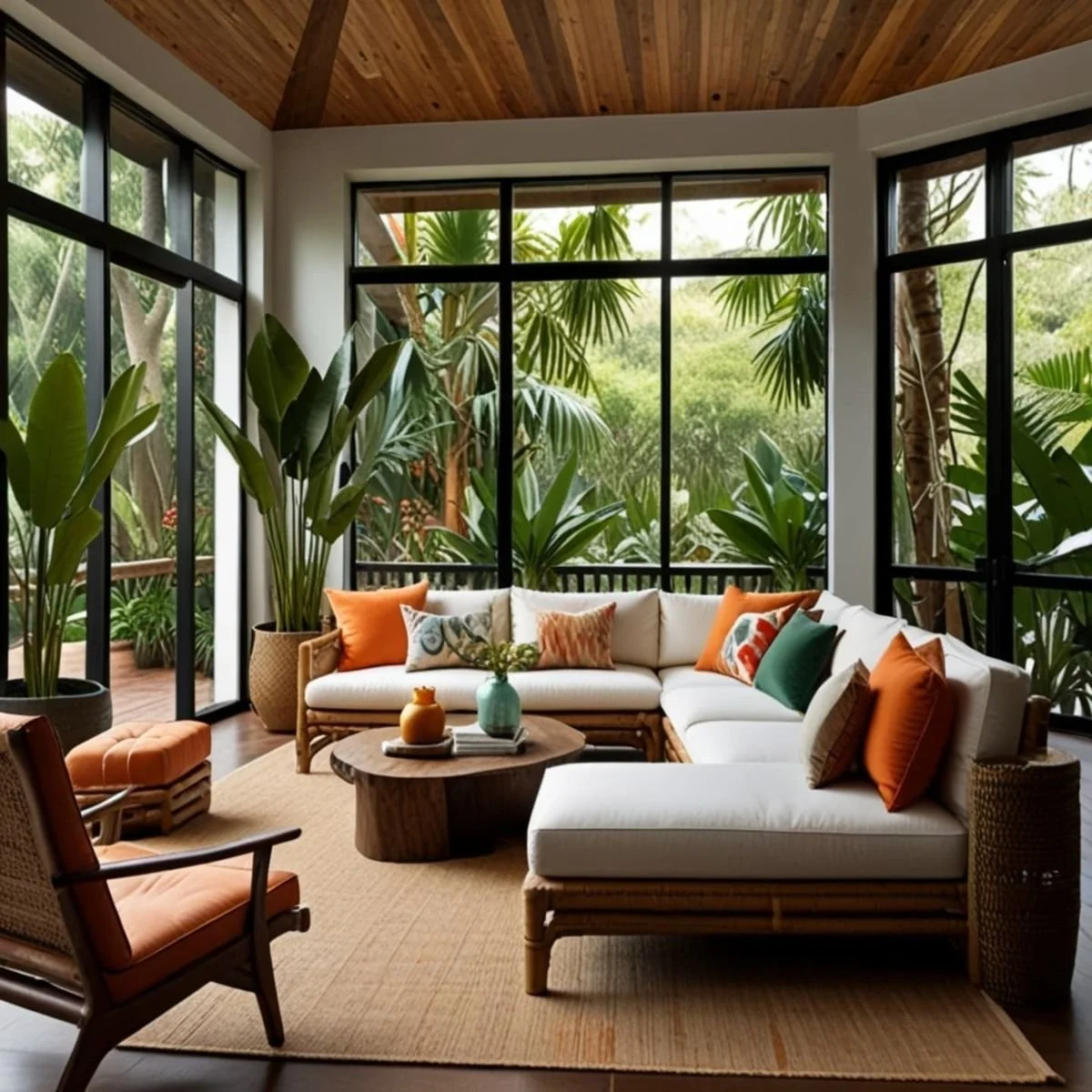 A living room with large windows showcasing lush green plants outside, featuring a white sectional sofa with orange and green throw pillows, a wooden coffee table with vases, an orange cushioned chair, and a beige rug.