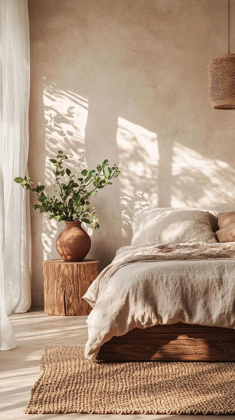A cozy bedroom with natural light, a bed with beige linens, a wooden nightstand with a large vase holding green leafy branches, a textured rug, and sunlight casting shadows on the wall.