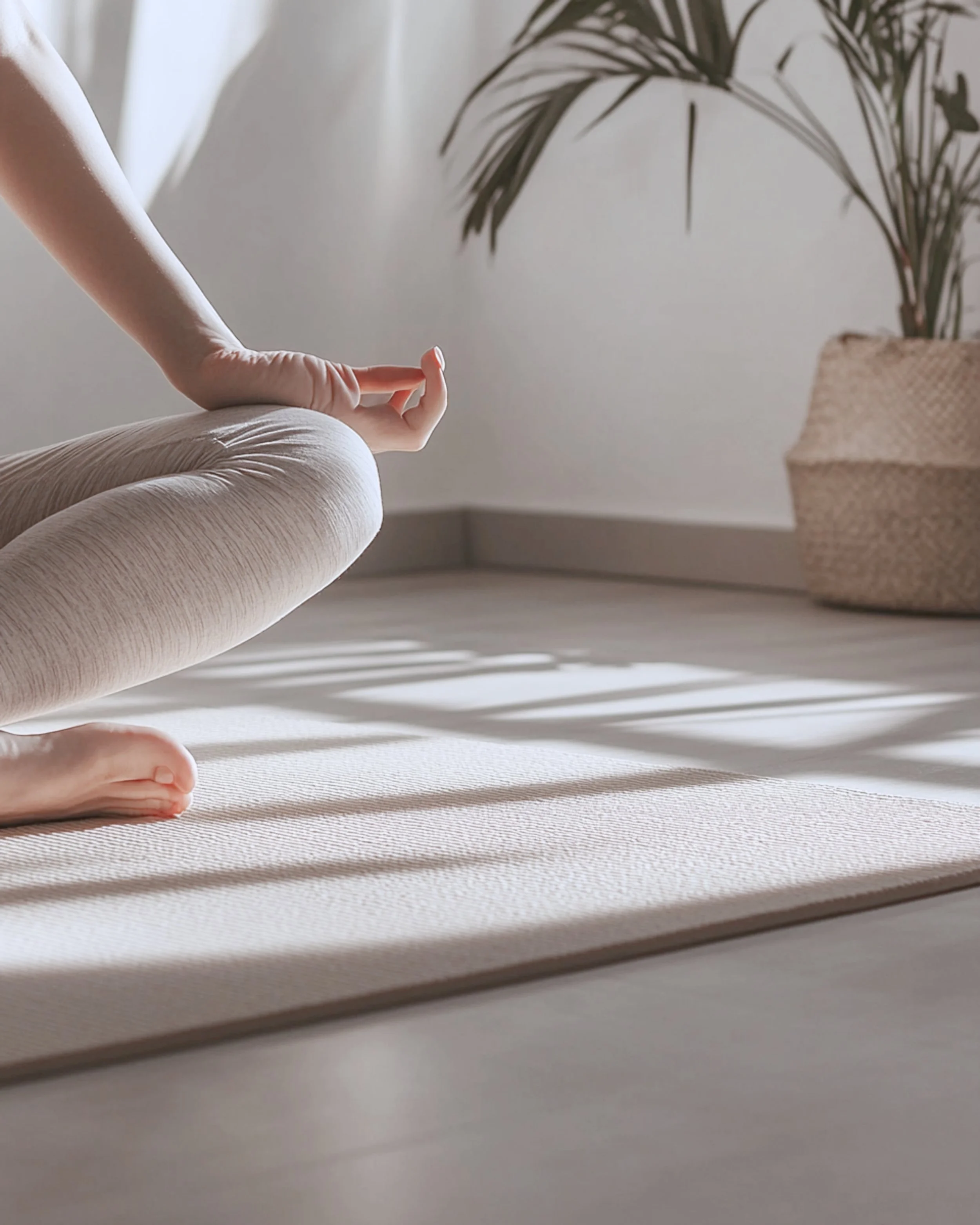 womans leg and hand against a white wall, tan floor and a plant in a basket in the background