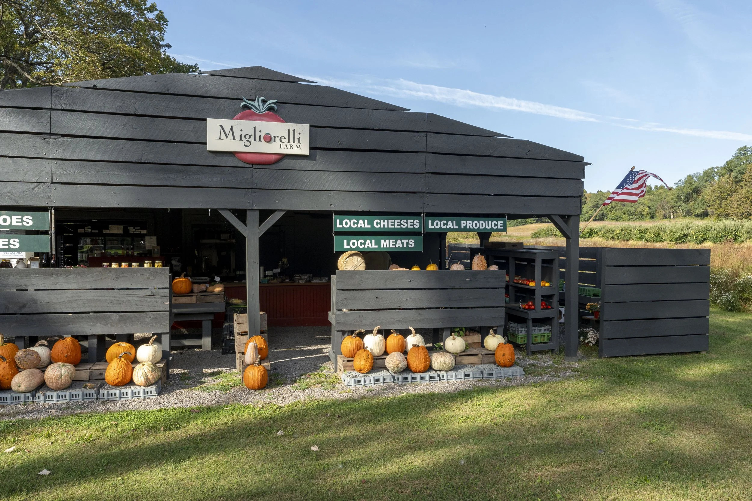 A farm stand at Migliorelli Farm with pumpkins and squash displayed outside, offering local cheeses, produce, and meats. There is an American flag on a flagpole and a black wooden building with a sign.