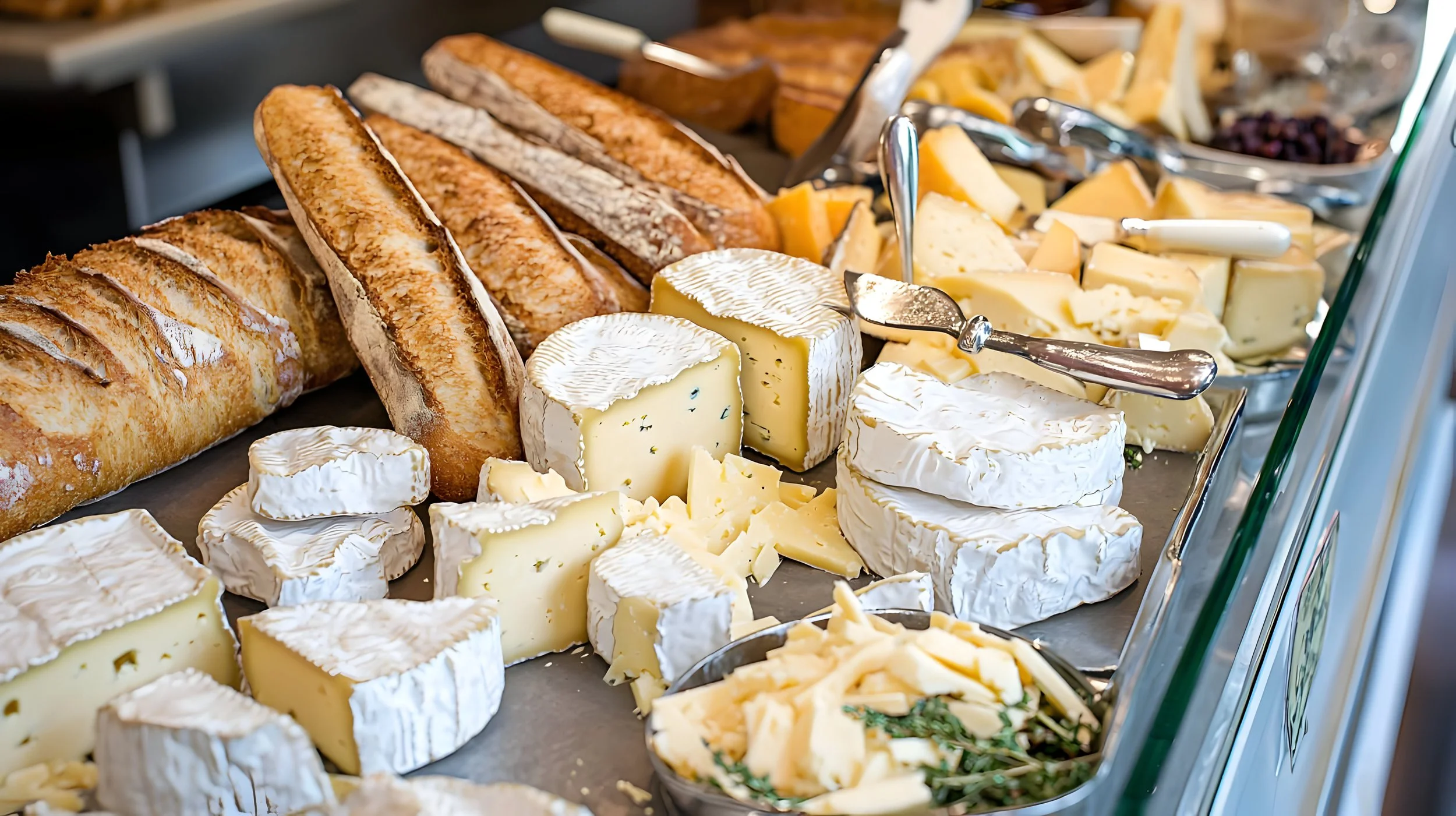 A cheese platter with various types of cheeses, baguette slices, and serving utensils on a countertop.