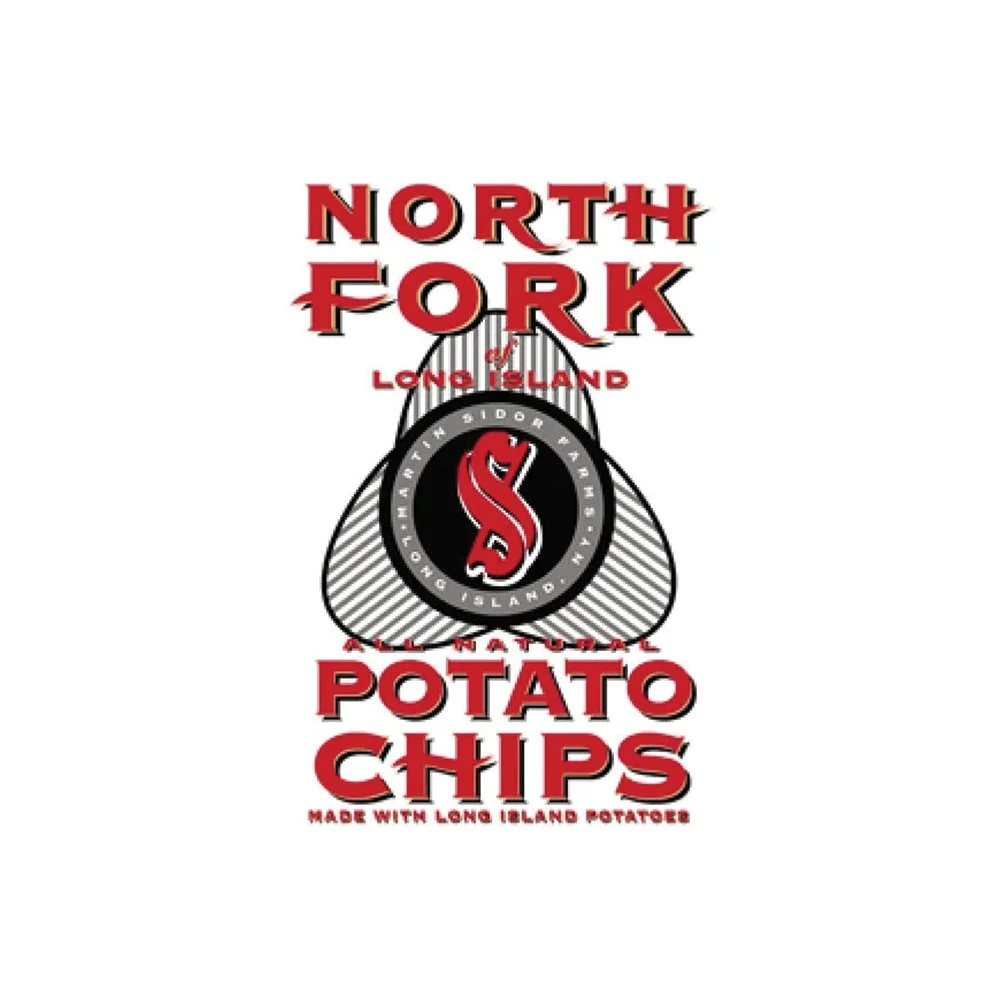 A graphic advertisement for North Fork Potato Chips, featuring red and black text, a black and white illustration of a potato chip bag, and the North Fork logo with a red and black design.