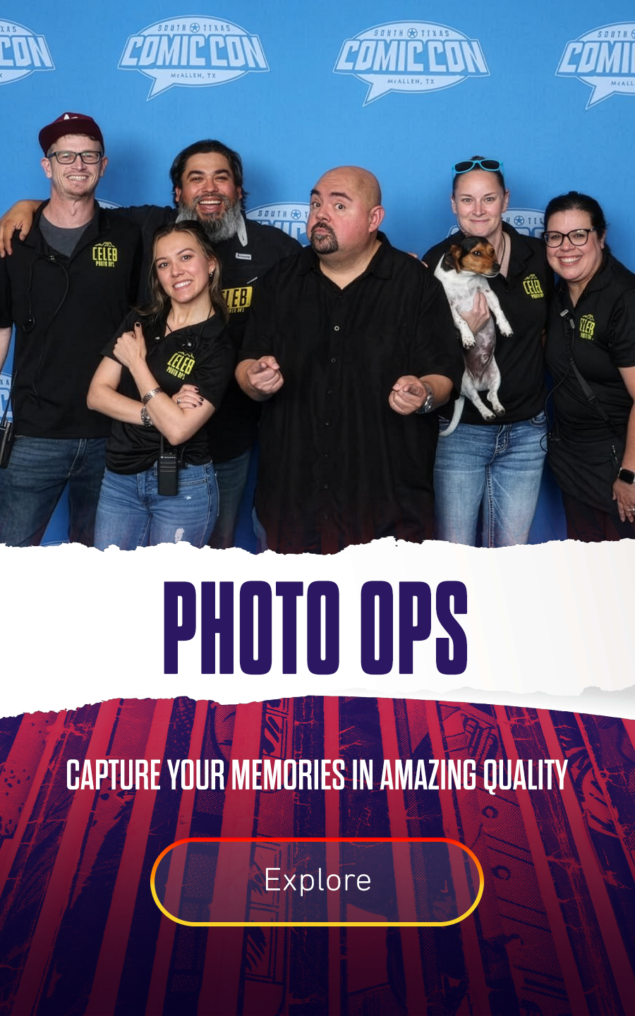 A group of six people, four women and two men, posing together at Comic Con. They are smiling, and one woman is holding a small dog. The background features a blue wall with the Comic Con logo. The banner at the bottom promotes a photo op service.