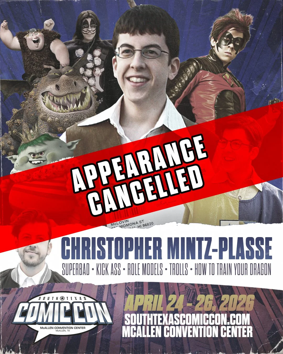 A promotional poster for South Texas Comic Con featuring images of various costumes and characters including a young man, a person in a Rainbow Brite costume, a cartoon ogre, a dragon, a girl with face paint, a superhero with red and black costume, and a humorous goblin-like character. The poster includes the event details, dates, location, and a cartoon depiction of a man in glasses.