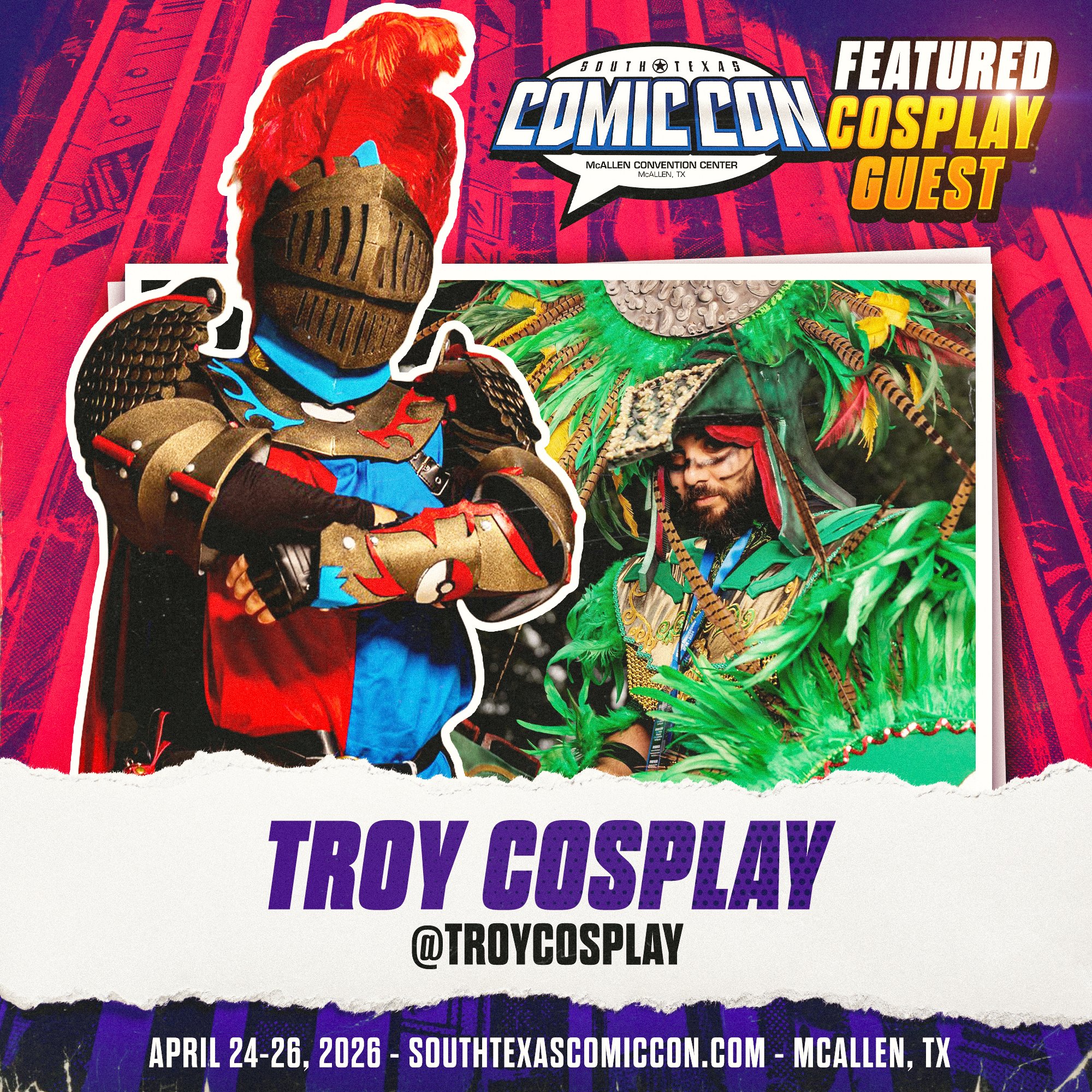 Promotional poster for South Texas Comic Con 2026 featuring two cosplayers dressed in elaborate costumes, with event details and dates.