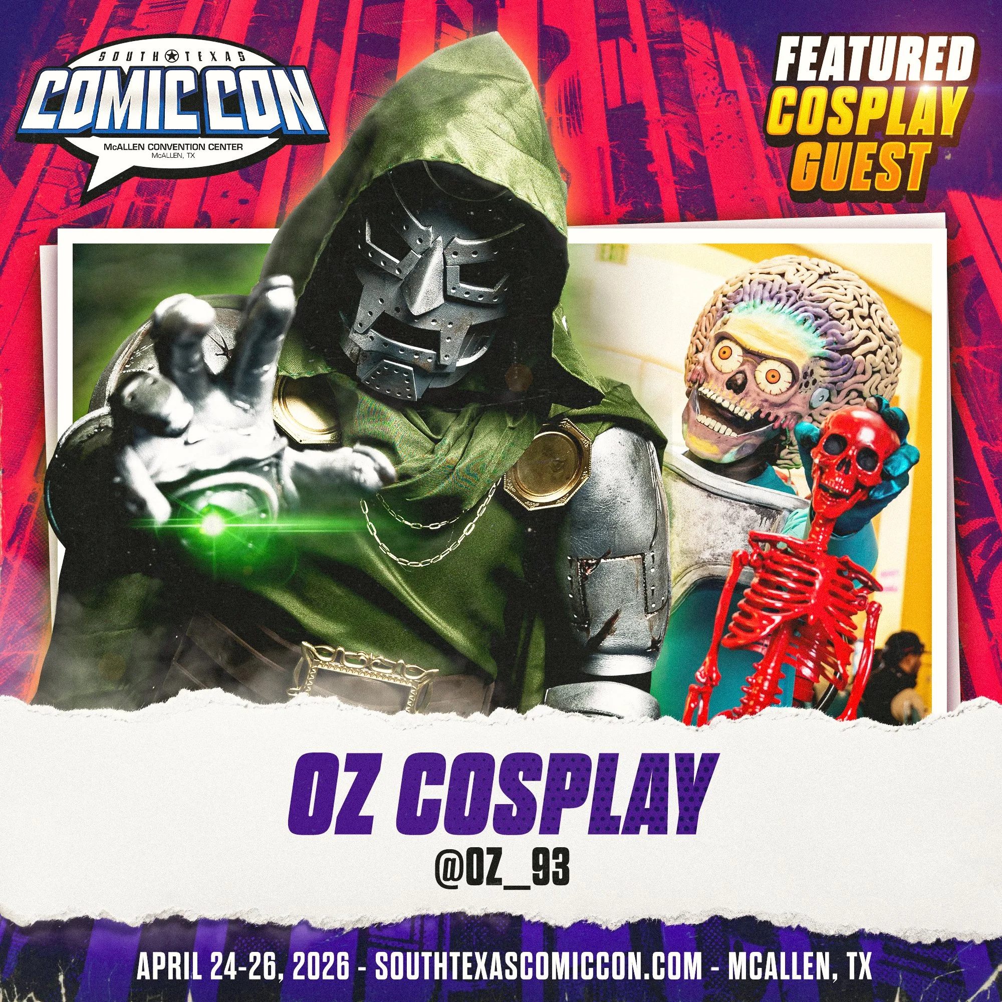 Photo of Oz Cosplay  at South Texas Comic Con, featuring a person dressed in a black armored costume with a mask and hood, making a peace sign. 