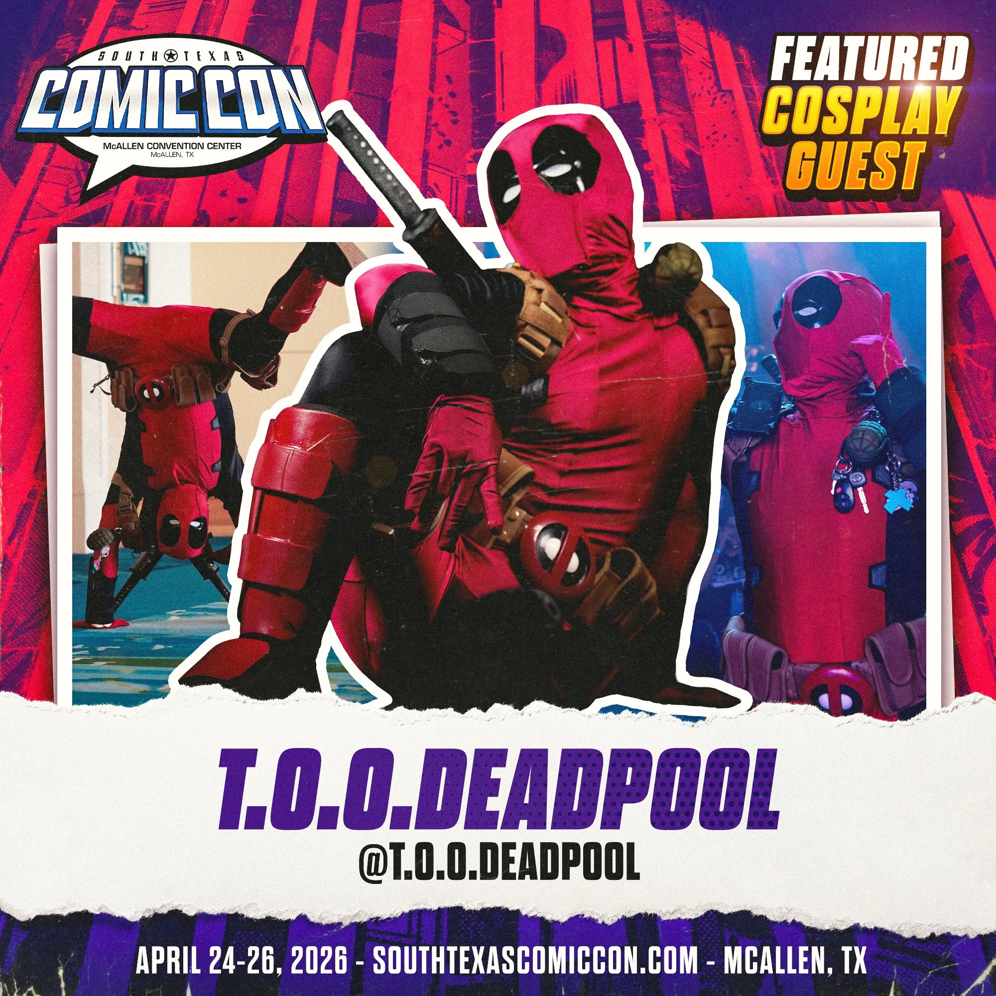 A comic convention advertisement featuring a Deadpool cosplayer in different costumes. Includes the South Texas Comic Con logo, event details, and an Instagram handle.