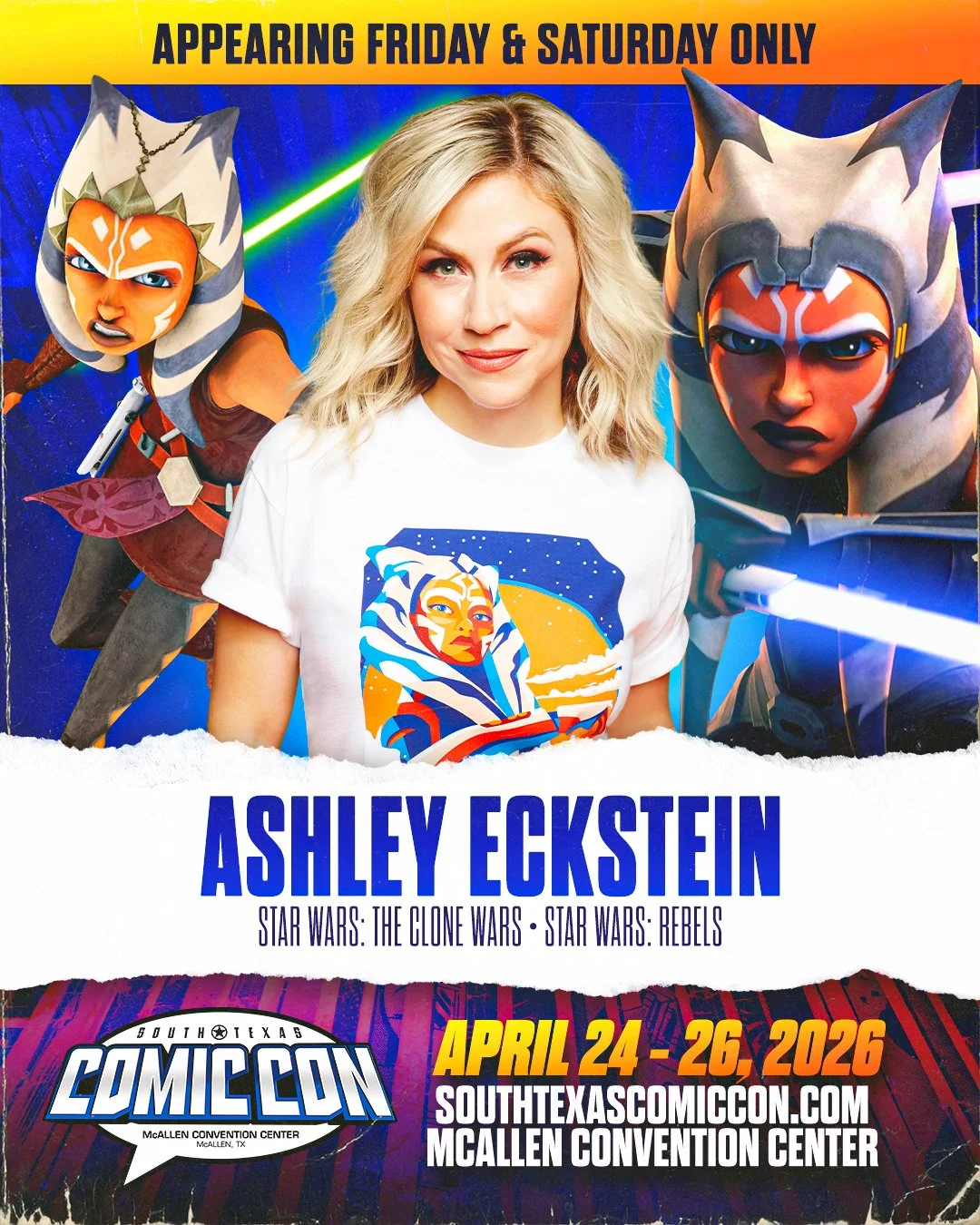 Poster for Comic-Con featuring Ashley Eckstein, who is dressed in a white t-shirt with her Star Wars character on it. The poster advertises her appearance on April 24-26, 2026 at South Texas Comic-Con at McAllen Convention Center. The poster also features animated characters from Star Wars: The Clone Wars and Star Wars: Rebels.