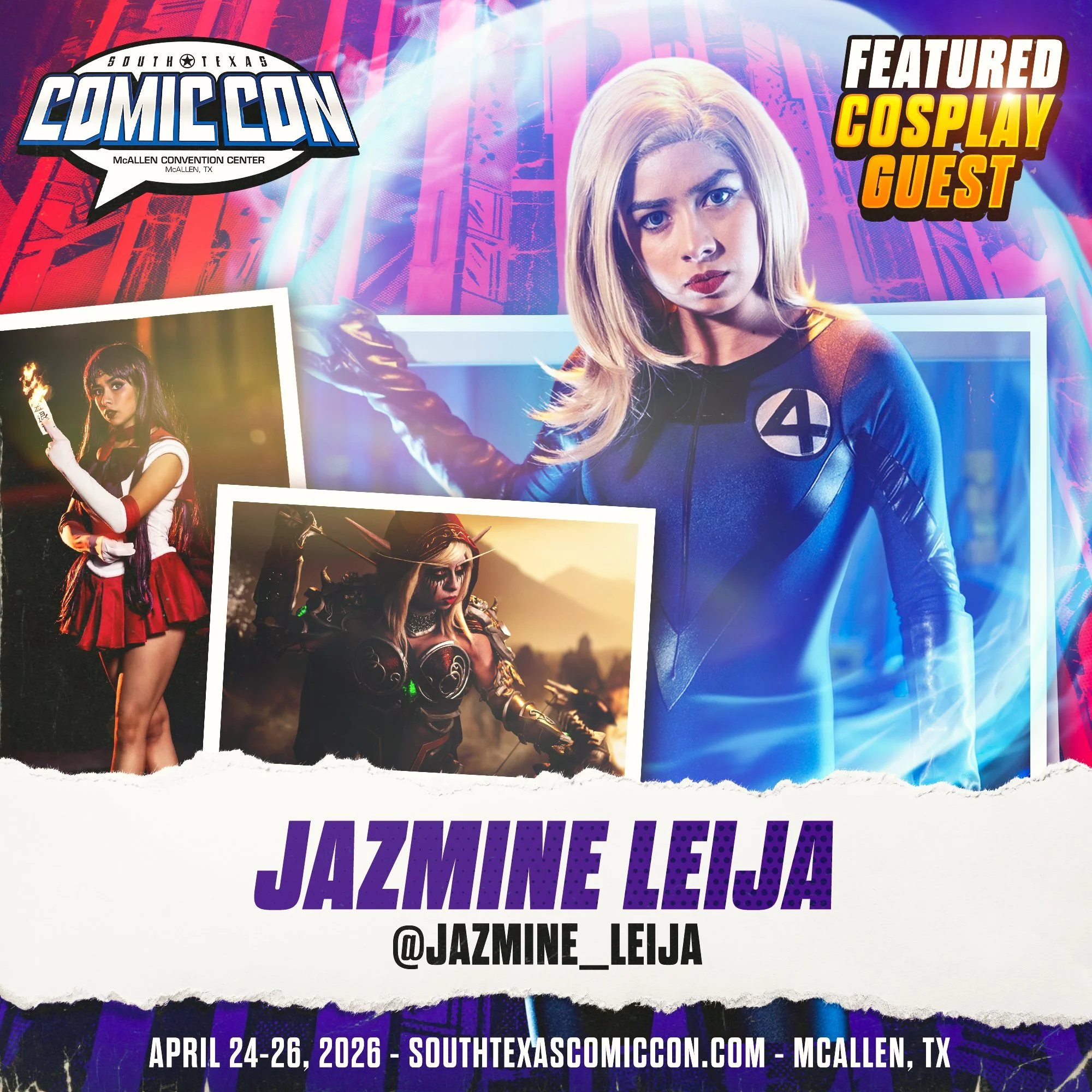Promotional poster for South Texas Comic Con, featuring cosplay guest Jazmine Leija, including photos of her in different costumes and the event details