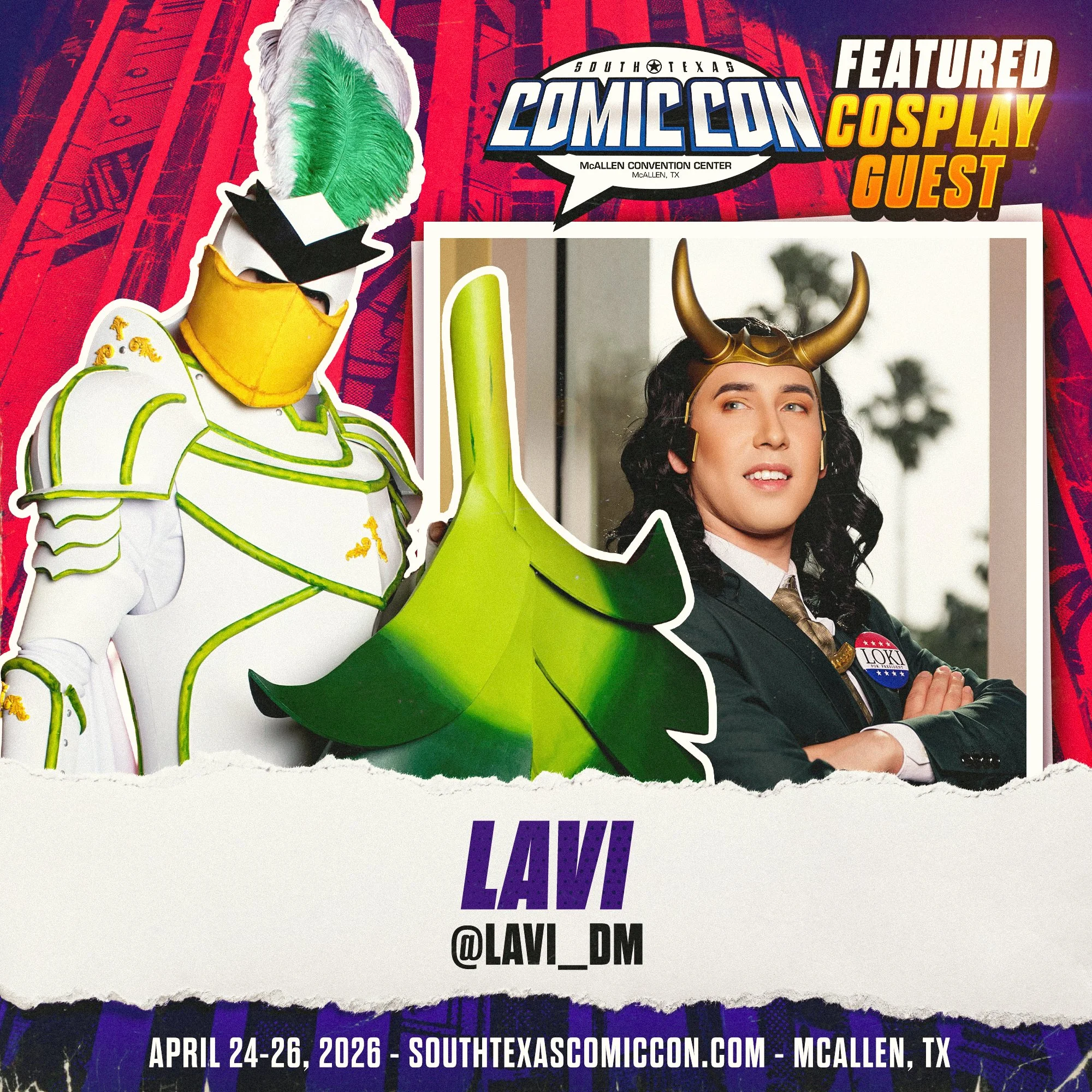 Photograph of a woman cosplaying as Loki, wearing a horned helmet, with a photo of her in civilian clothes on a poster behind her. The poster features comic con branding and information about a guest appearance at South Texas Comic Con in McAllen, TX, from April 24-26, 2026.