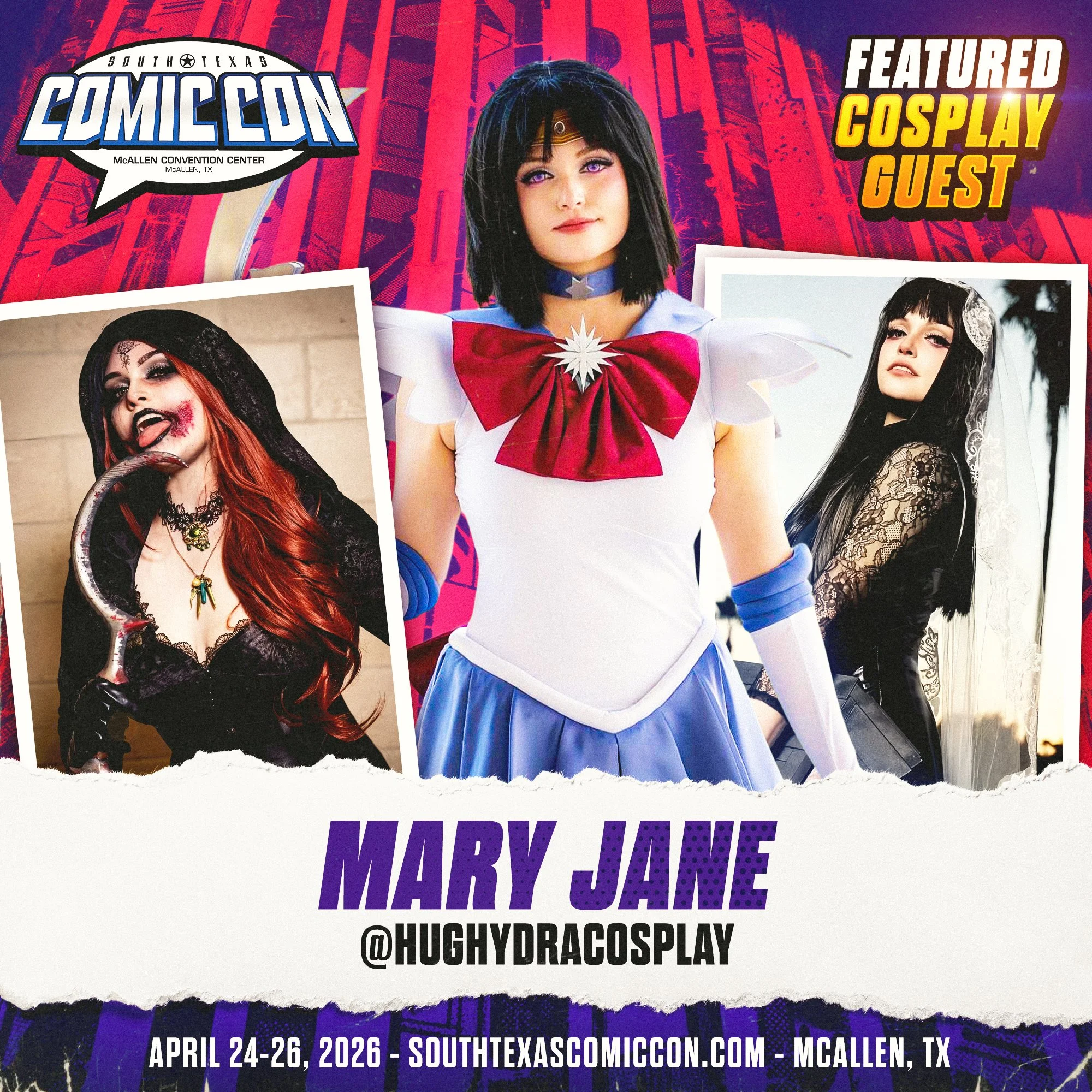 Promotional poster for South Texas Comic Con featuring Mary Jane (@hughydracosplay) dressed as Sailor Mercury in the center, with two photos of her in gothic and fantasy outfits on either side.
