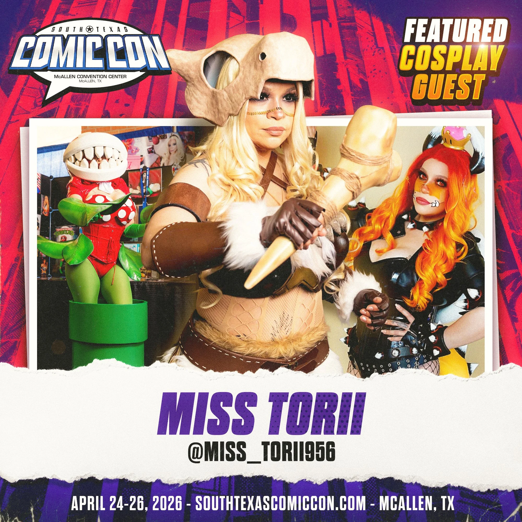 Cosplay event at South Texas Comic Con featuring  Miss Torii dressed as characters with one in a beige and brown costume holding a large conch shell and the other with long orange hair dressed in a black outfit with animal print and face paint. 