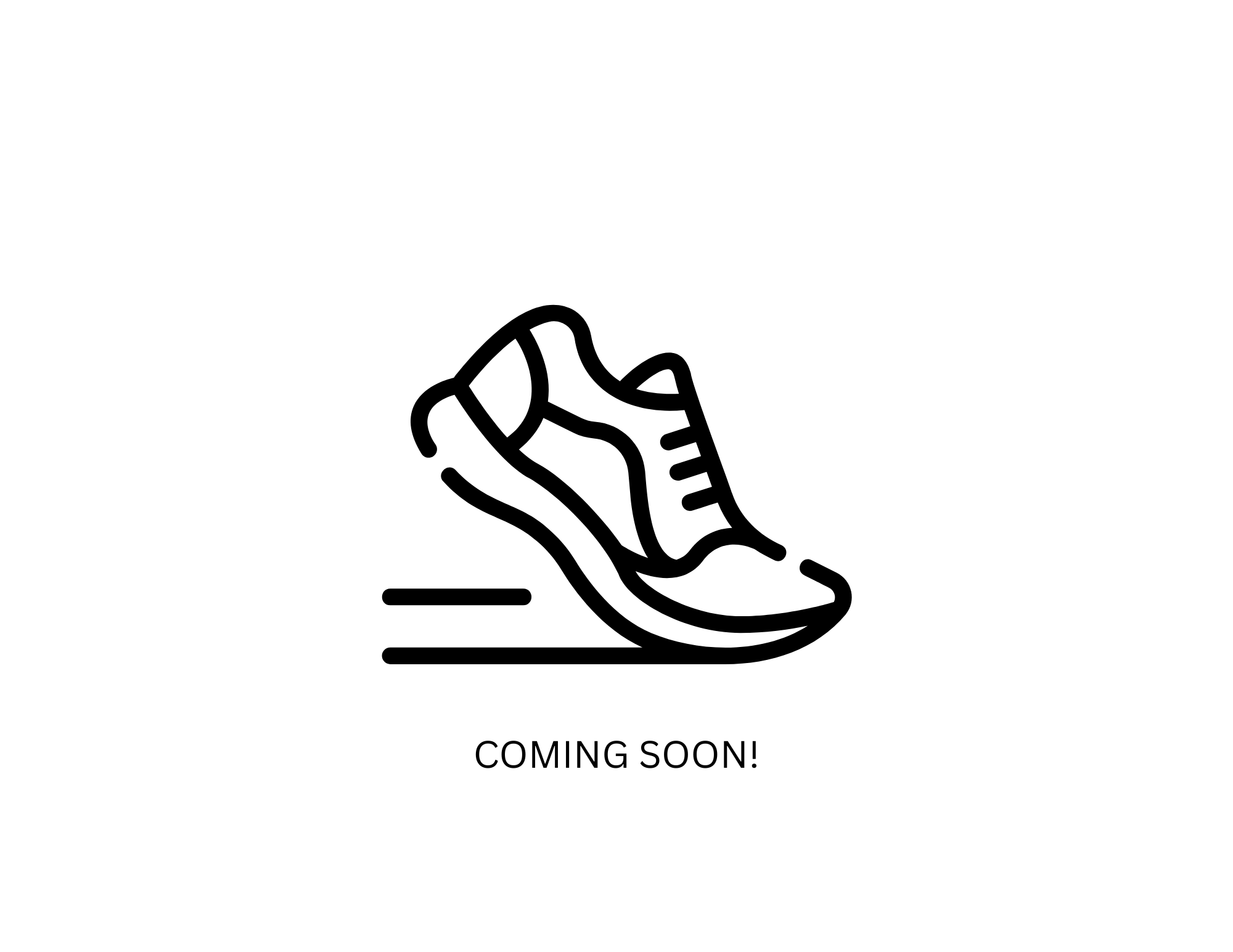 Line drawing of a running shoe with the text 'Coming Soon!'