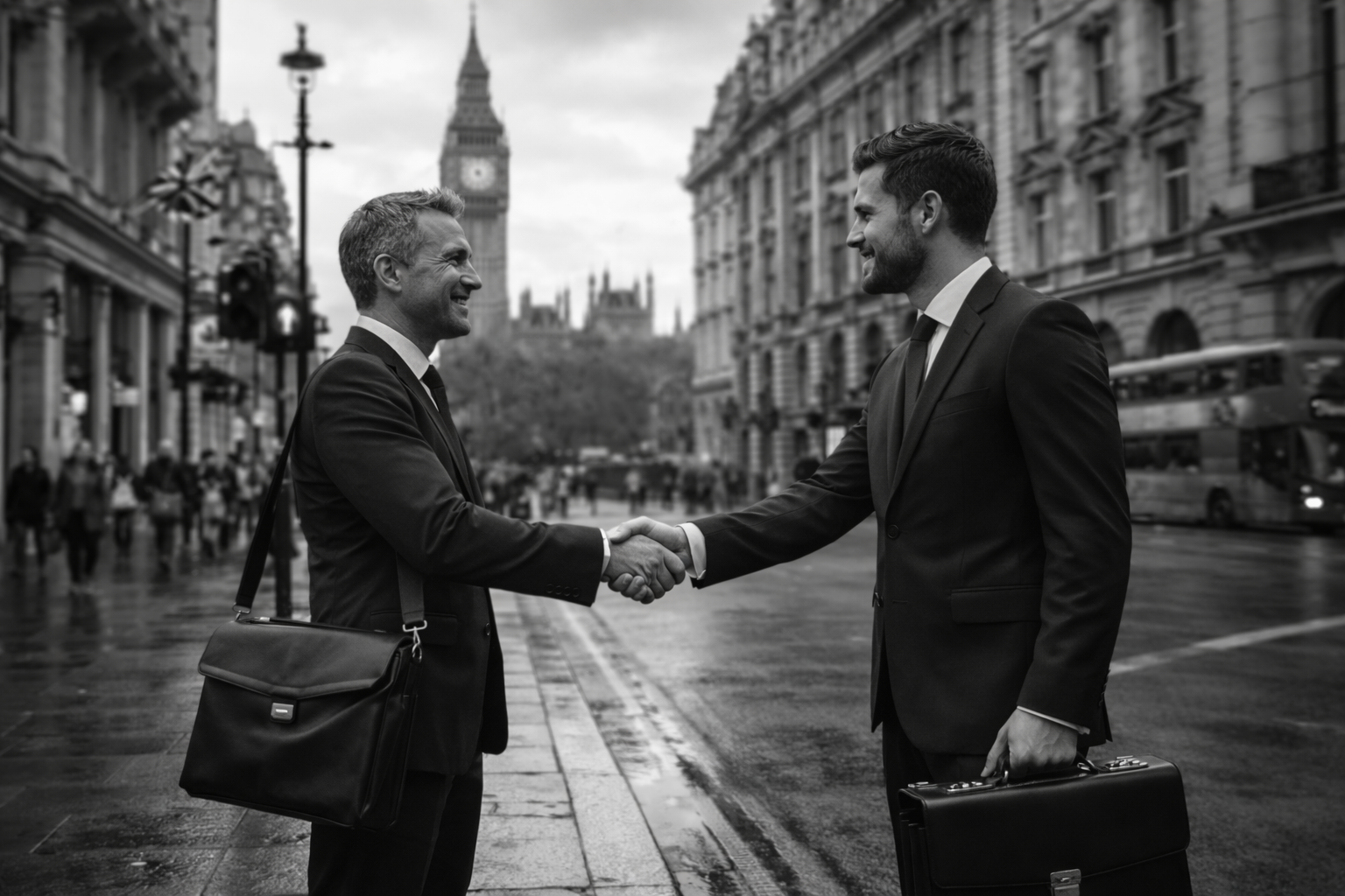 Two businessmen in suits shake hands on a city street, with Big Ben in the background.