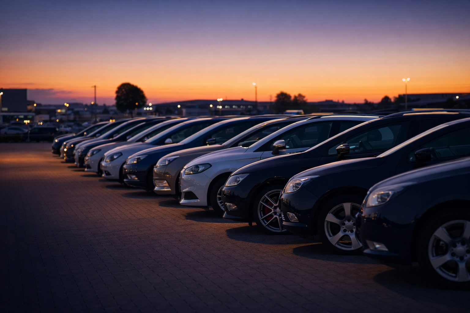 Line of parked cars under a sunset sky at a car dealership lot.