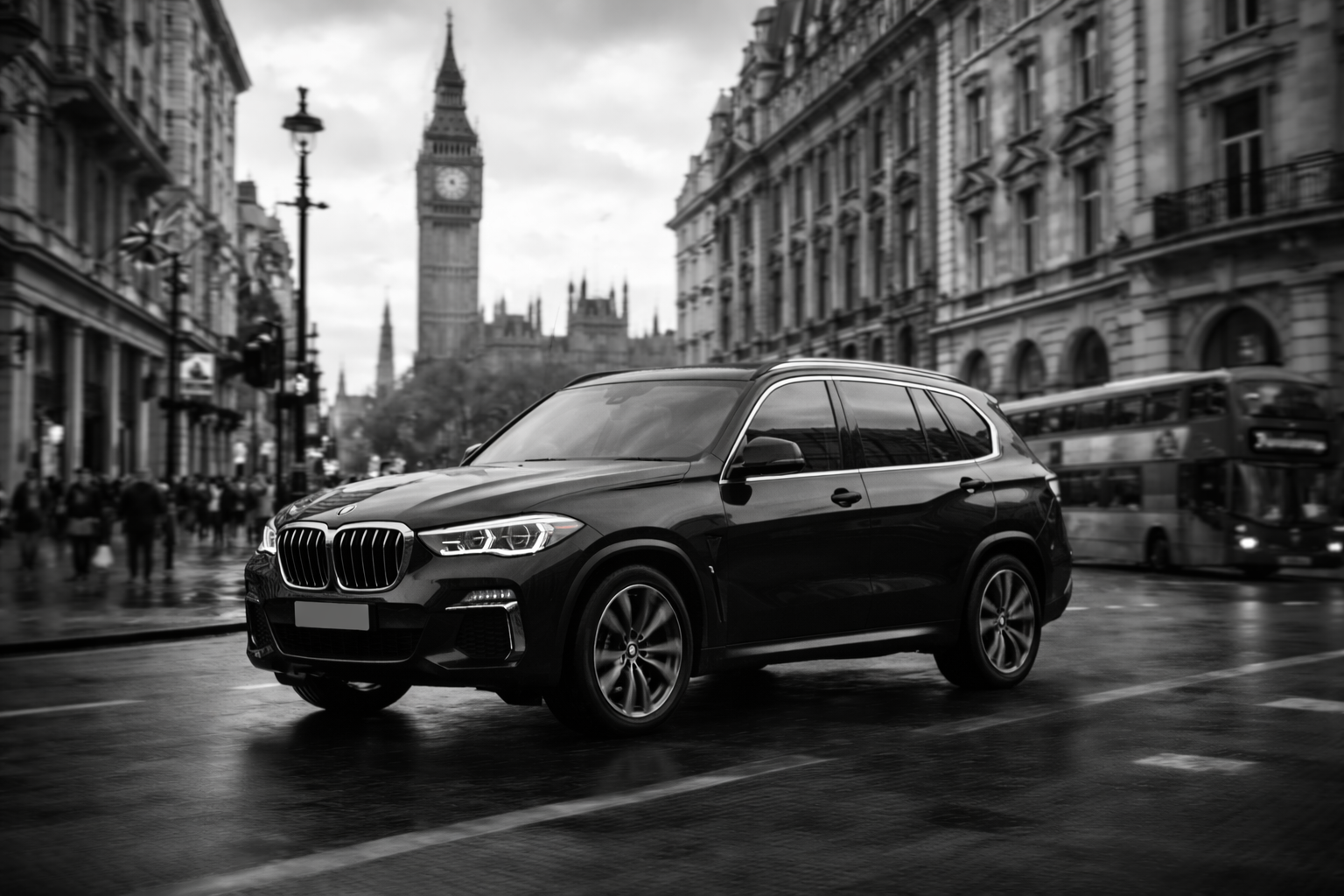Black SUV driving on a city street with Big Ben clock tower in the background, black and white photo.