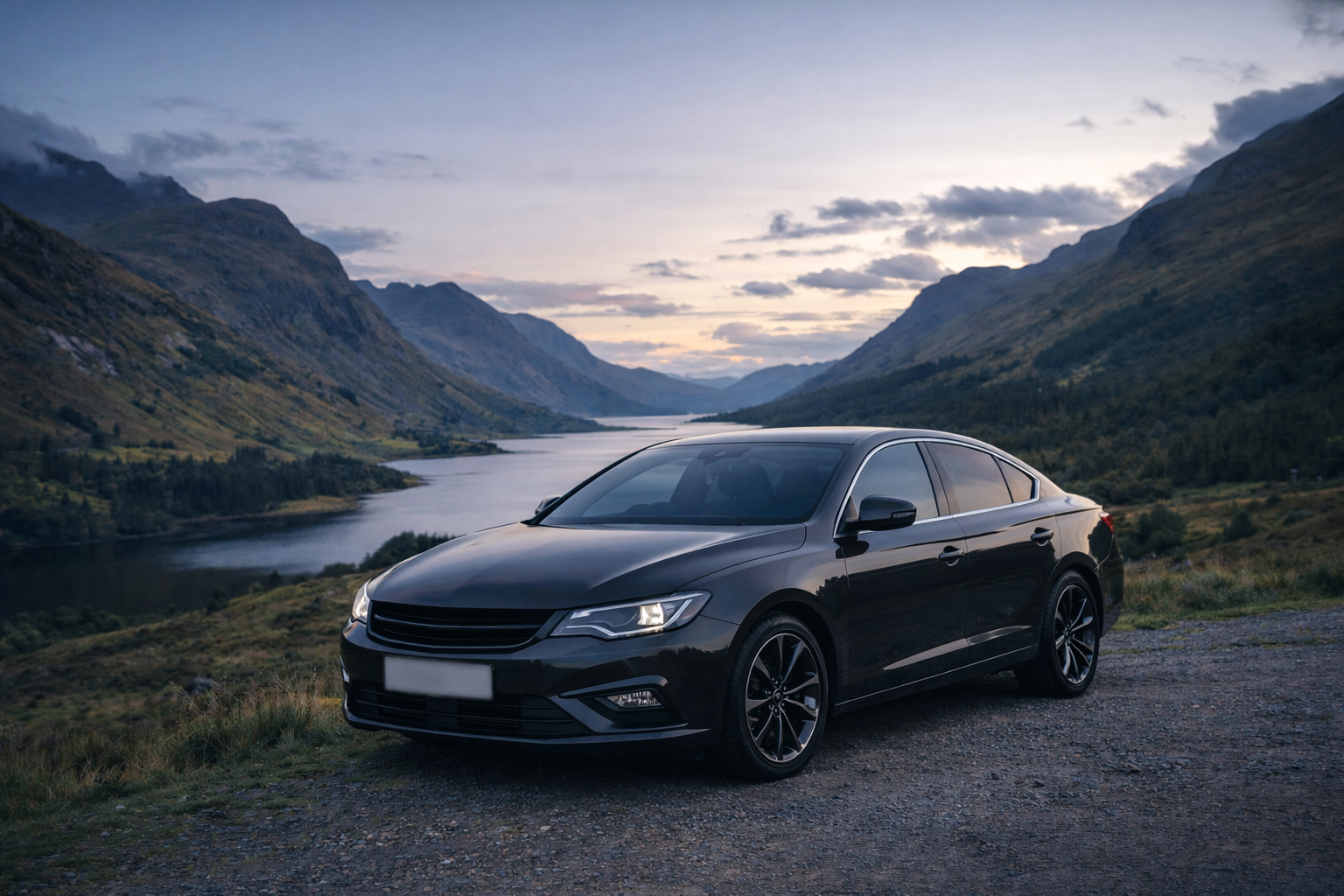 Black sedan parked on a gravel roadside overlooking a lake and mountain valley at sunset.