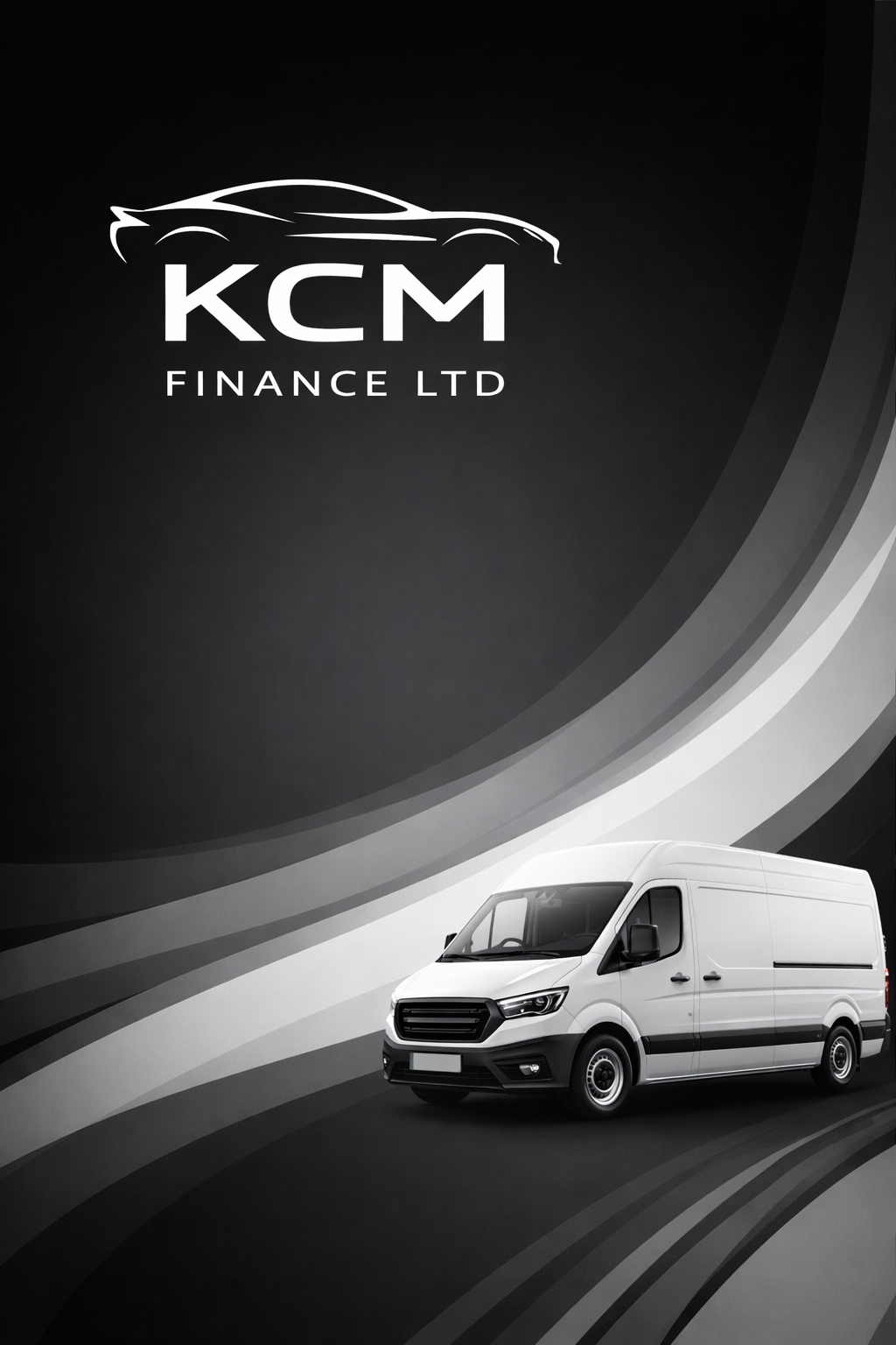 Black and white advertisement featuring a delivery van and the logo of KCM Finance Ltd with stylized car outline.