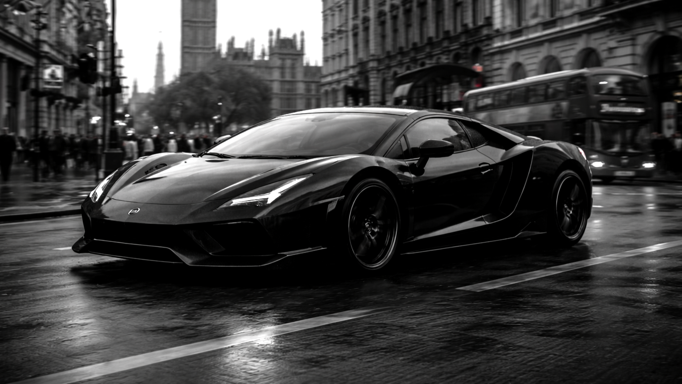 Black sports car parked on wet city street in front of historic buildings, with a double-decker bus and pedestrians in the background in a rainy urban setting.
