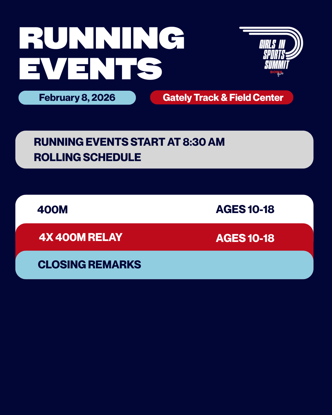 Schedule for Girls in Sports Summit running events at Gately Track & Field Center on February 8, 2026, including 400 meters, 4x400 meter relay, and closing remarks, for ages 10-18, starting at 8:30 AM.