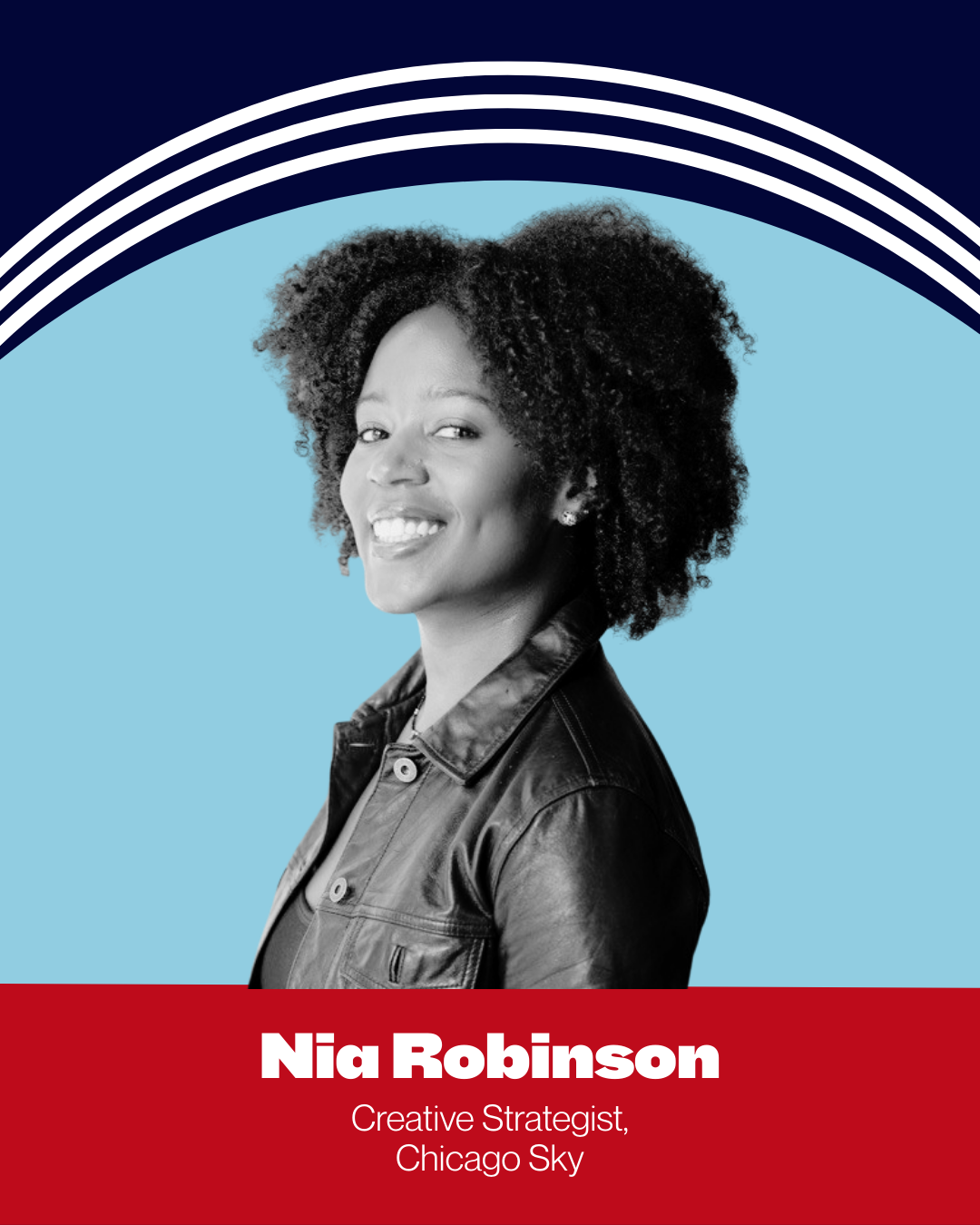 Black and white photo of Nia Robinson smiling, wearing a leather jacket, with a graphic background and her name and title at the bottom.
