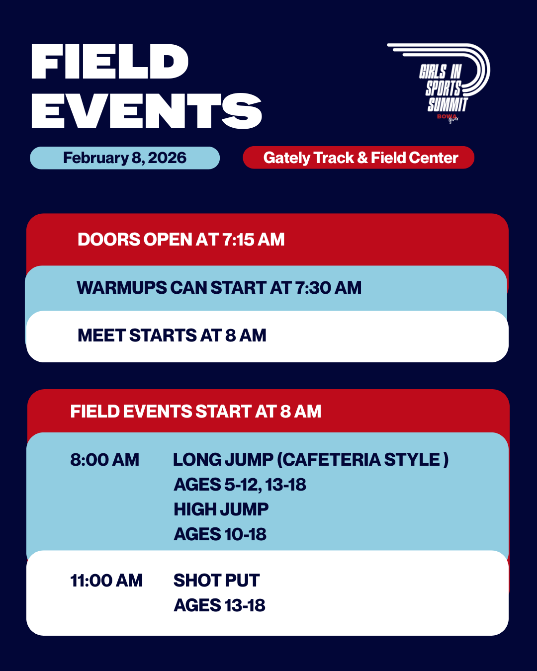 Event schedule for Girls in Sports Summit on February 8, 2026, at Gately Track & Field Center. The schedule includes doors opening at 7:15 AM, warmups starting at 7:30 AM, meet start at 8 AM, with field events beginning at 8 AM. Events listed are long jump and shot put for different age groups.