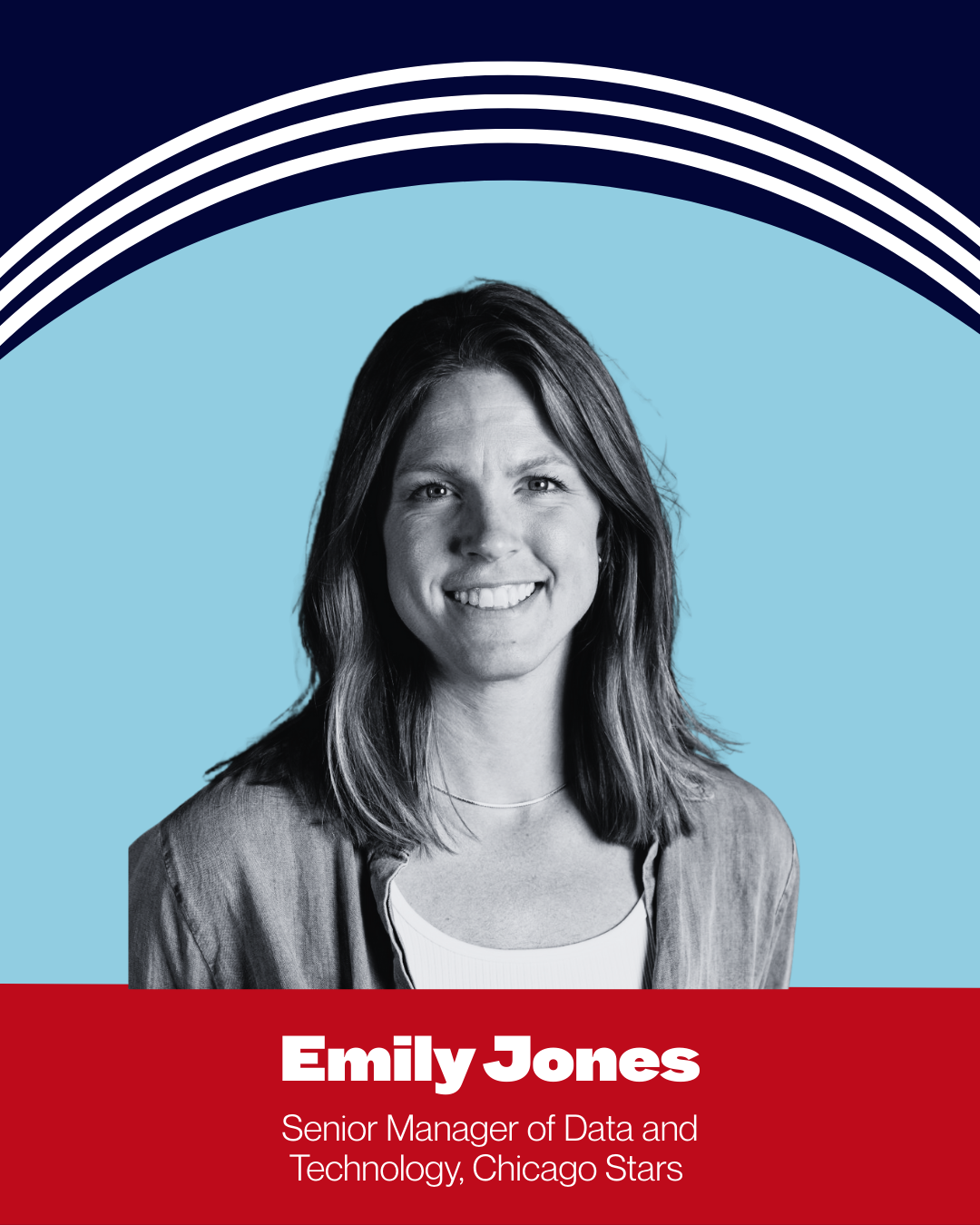 A professional portrait of Emily Jones, Senior Manager of Data and Technology at Chicago Stars, with a graphic background featuring rainbow-like arcs and the team color scheme.