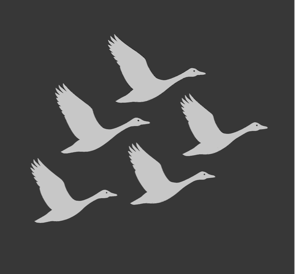 Five stylized, gray geese flying against a dark background.