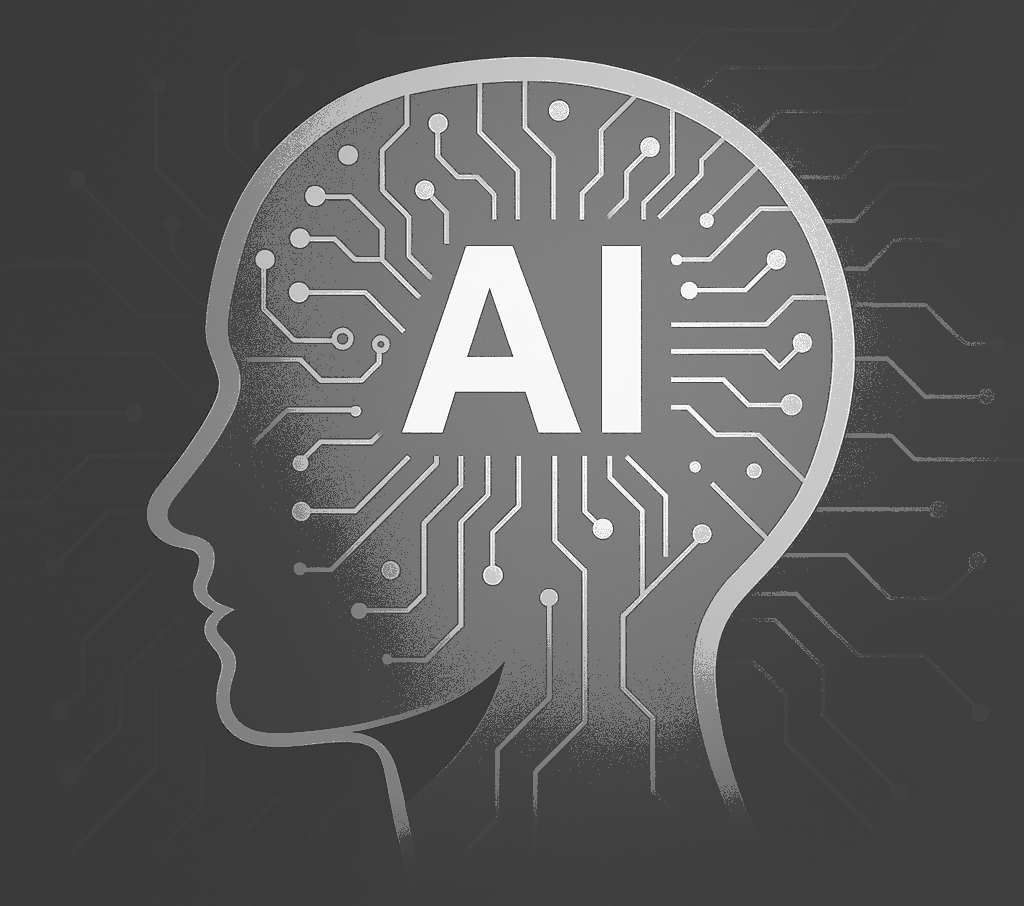 Outline of a human head with circuit board lines inside, and the letters "AI" in the center.
