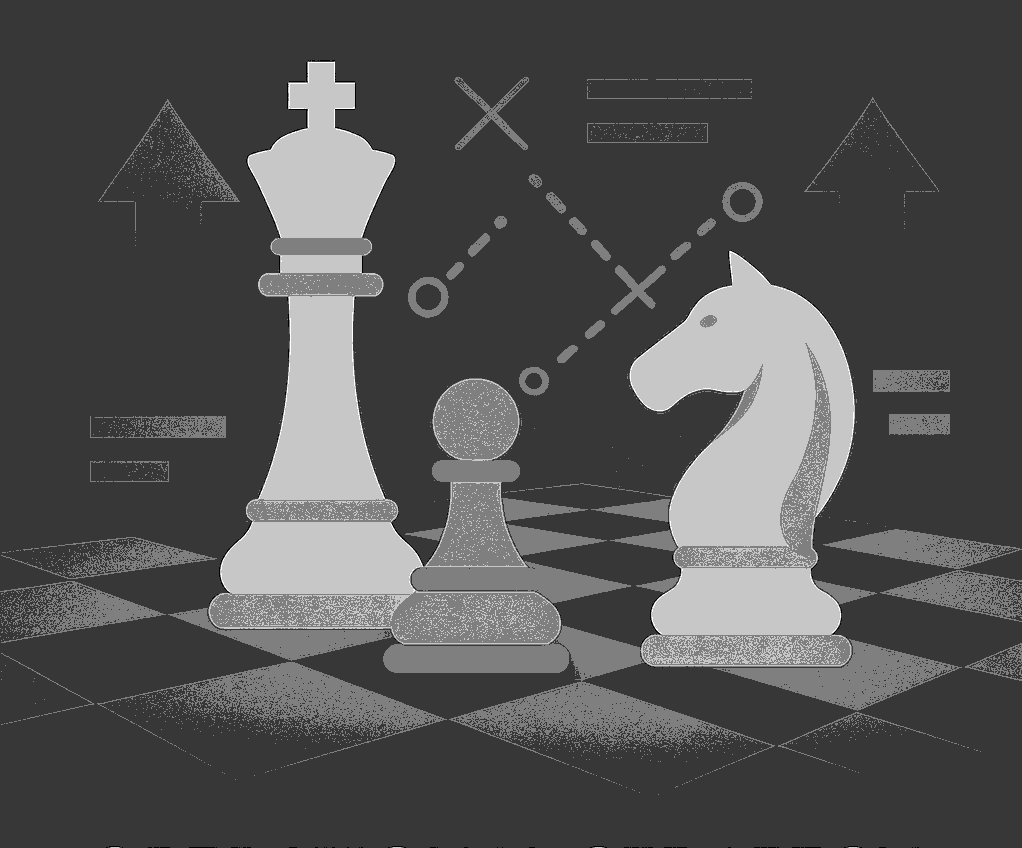 A digital illustration of a chess game with large chess pieces, including a king, bishop, and knight, on a checkered board. The background features arrows, lines, and shapes resembling a strategic plan or diagram.
