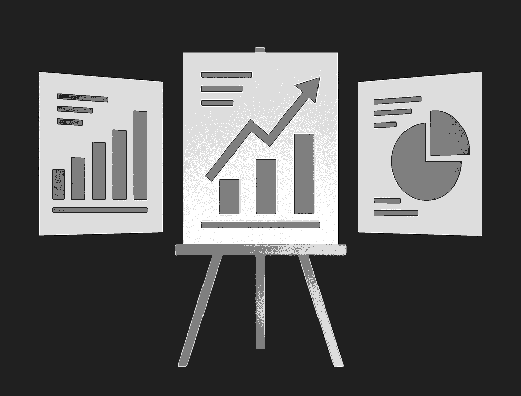 Presentation board with upward arrow and bar chart, flanked by a bar graph and pie chart on a dark background.