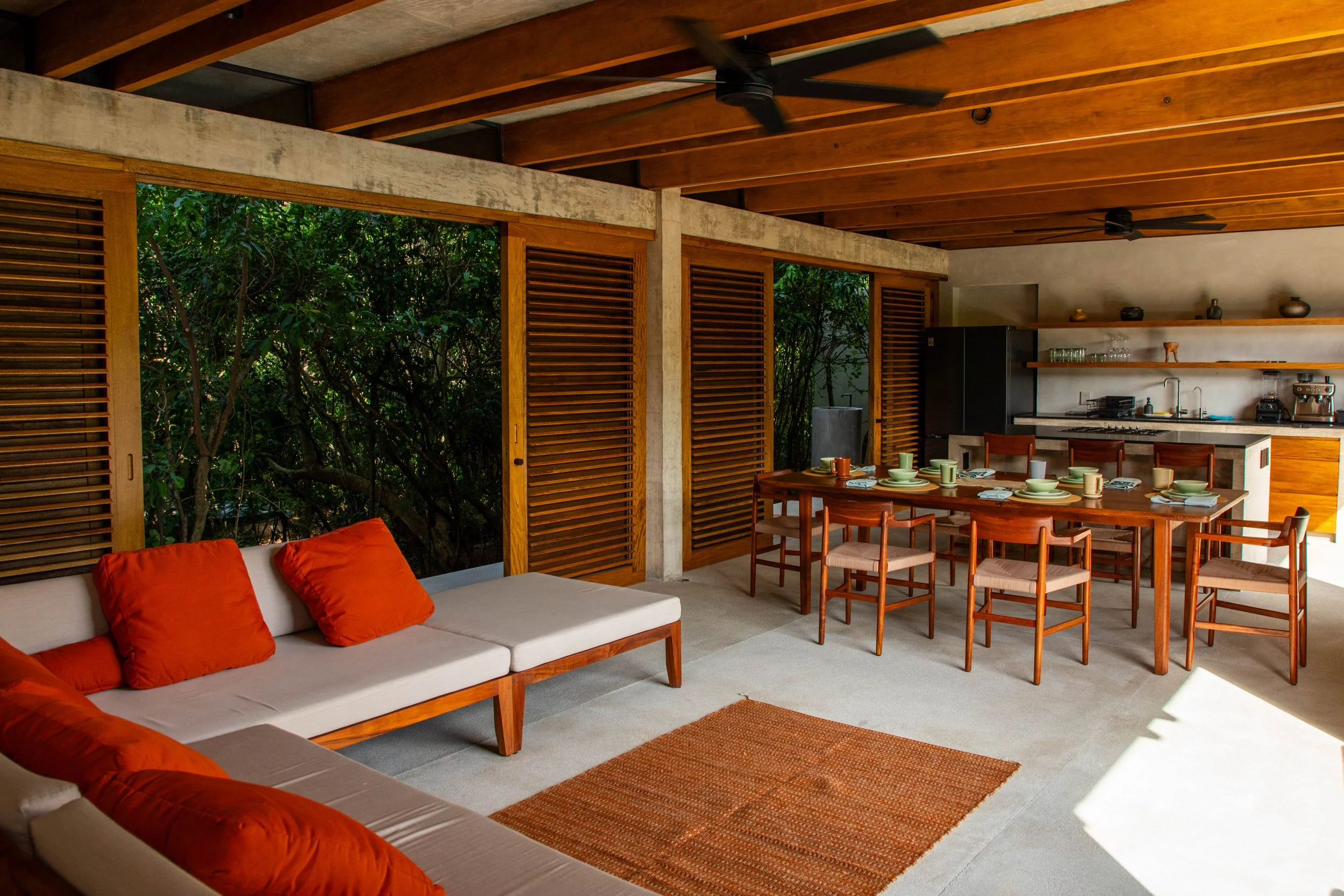 Kitchen, dinning and living room on the first floor so you can jump to the swmming pool at any time