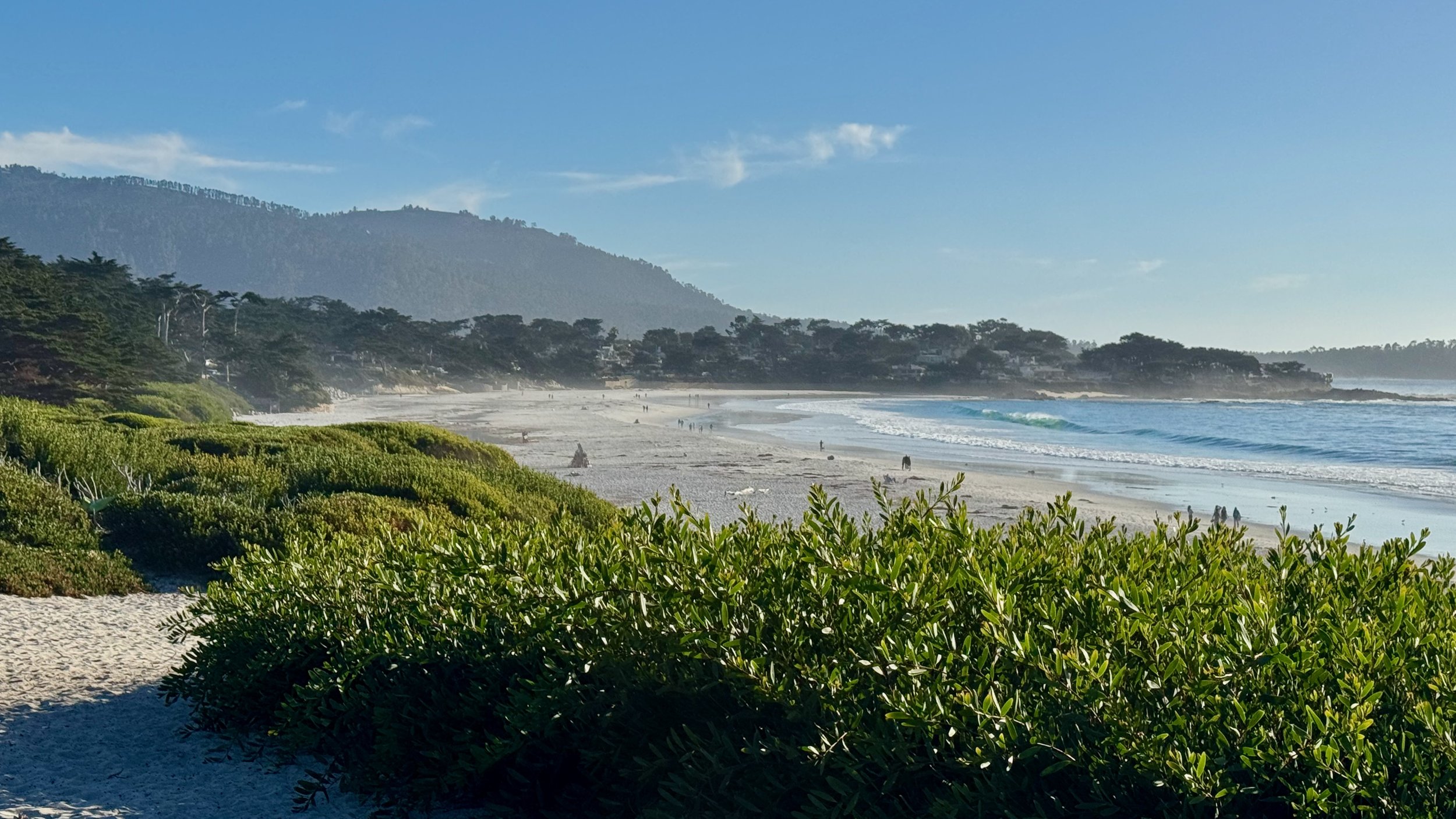 View from Carmel-by-the-Sea 5K walk and run finish line area. Family friendly beach access. January resolution run, Central Coast California.