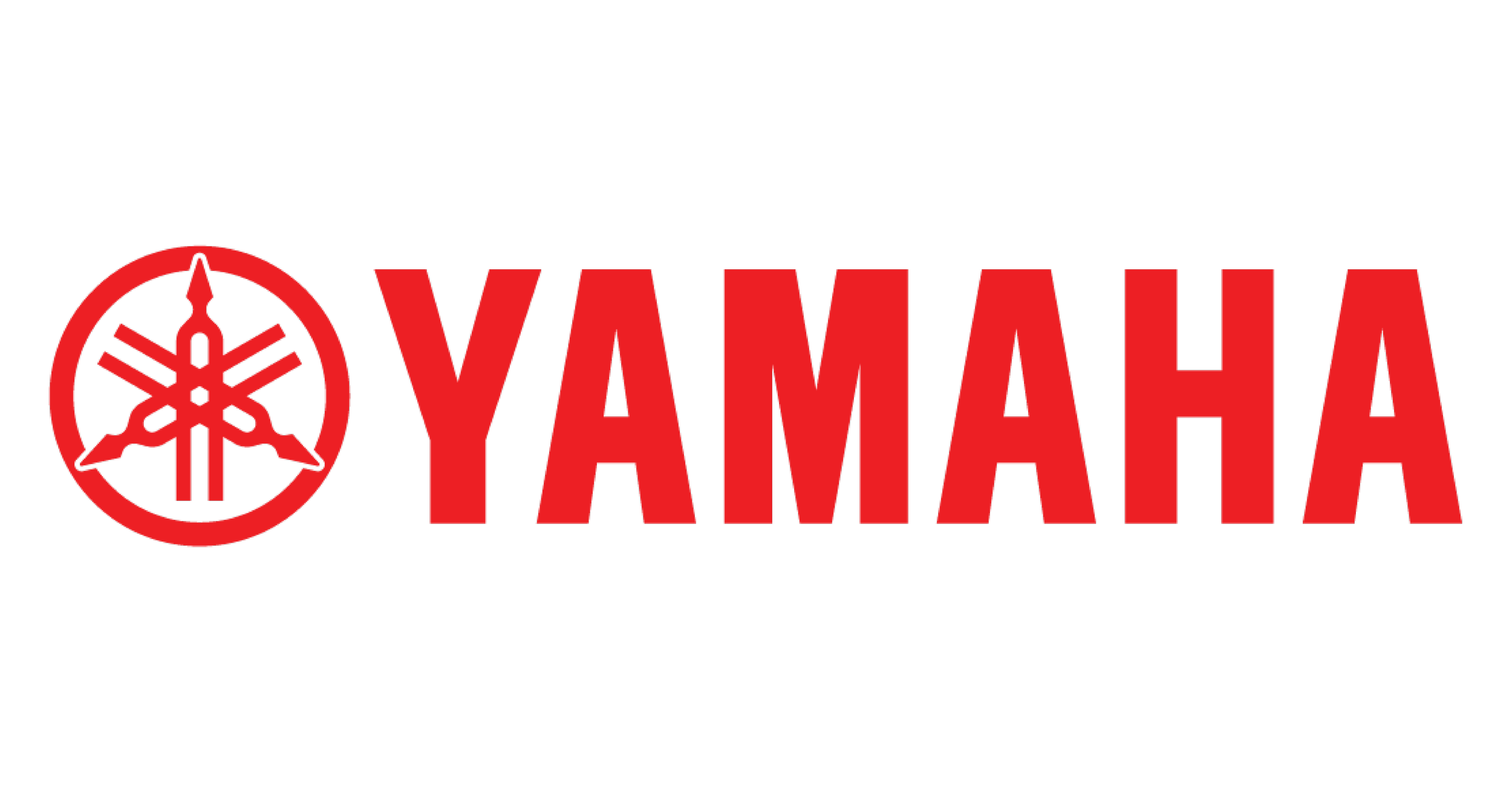 Yamaha logo with a red emblem featuring three interlocking tuning forks to the left of the bold, red text 'YAMAHA' on a black background.