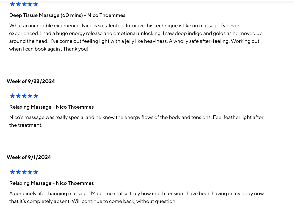 Customer reviews for massage services by Nico Thoemmes, including descriptions of deep tissue and relaxing massages with star ratings and dates.