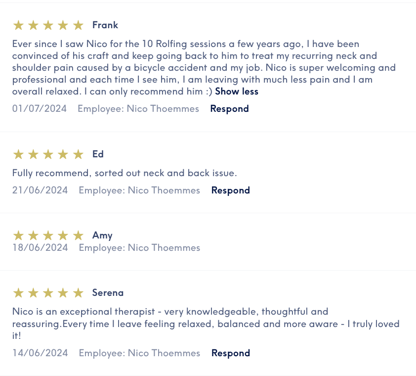 Customer reviews for a physical therapist named Nico Thoemmes, praising his expertise and effectiveness in neck and back pain relief.