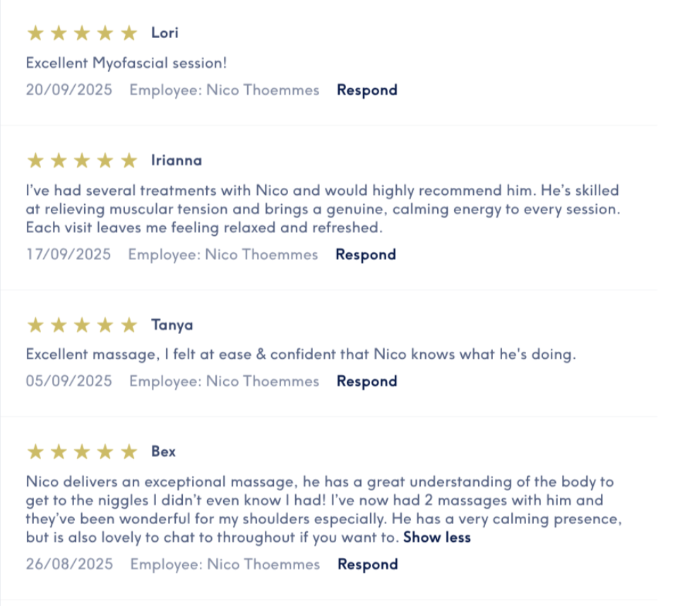 Customer reviews and feedback about a massage therapist named Nico Thoemmes, praising his skills and effectiveness in massage therapy, dated between August and September 2025.