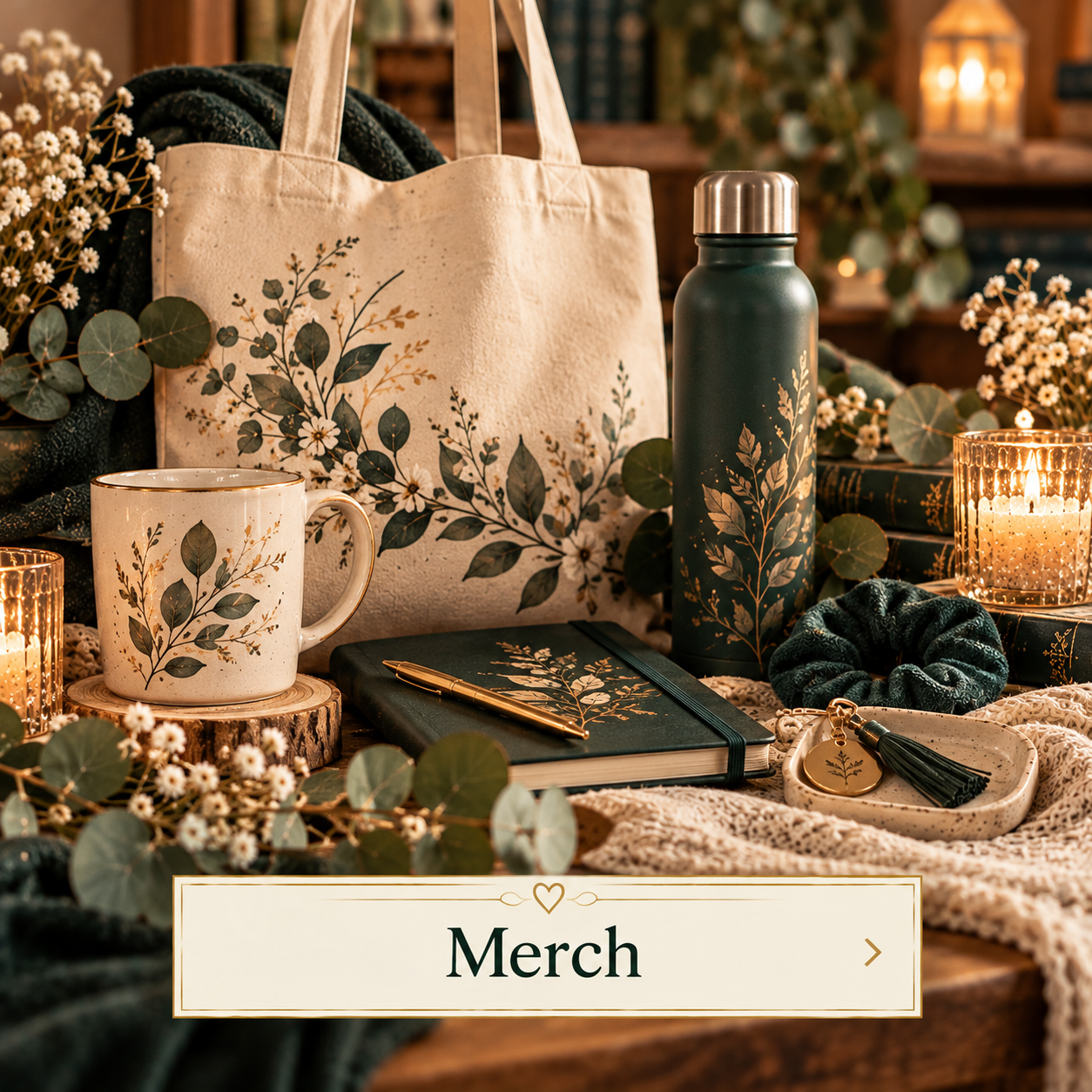 Dekorative Produkte mit botanischem Design, darunter eine Tasche, eine Tasse, eine Wasserflasche, ein Notizbuch mit Stift, ein Scrunchie, ein Schlüsselanhänger und Kerzen, alle mit Passendem Pflanzenmuster in einem warm beleuchteten, gemütlichen Ambiente.