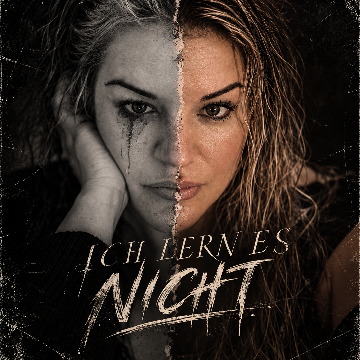 Ein geteiltes Portrait einer Frau, halb schwarz-weiß mit traurigem Blick und Tränen, halb farbig mit einem festen Blick, begleitet von dem Text 'Ich lerne es nicht' im Stil eines alten, krakeligen Posters.