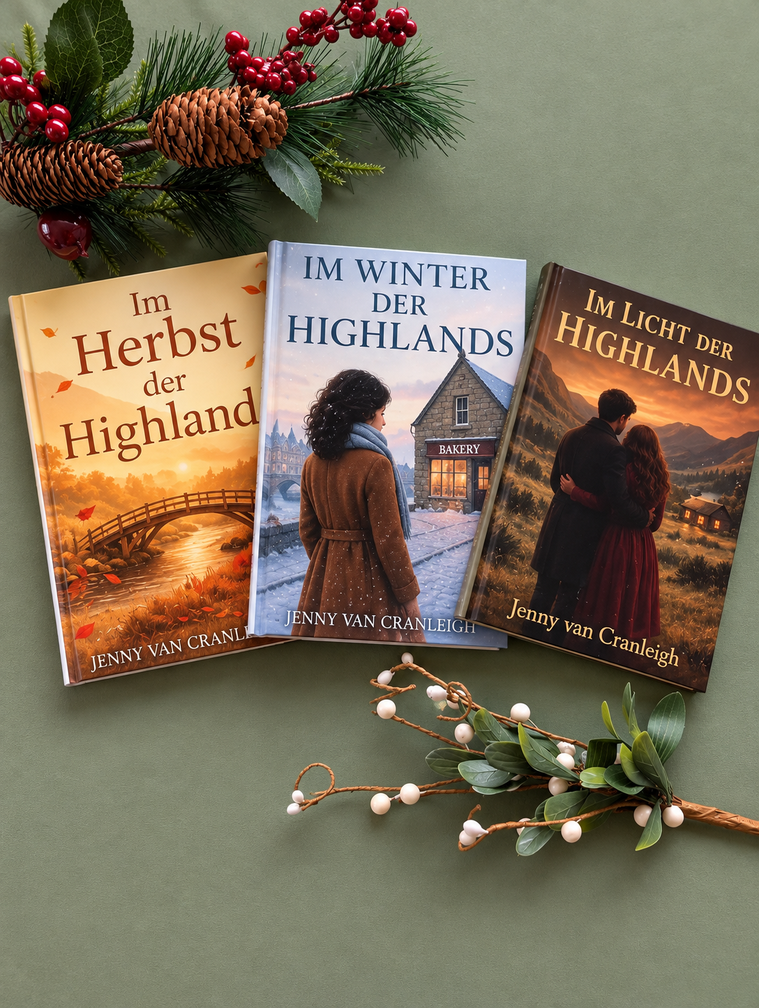 Drei Bücher mit dem Titel 'Im Herbst der Highland', 'Im Winter der Highlands' und 'Im Licht der Highlands', alle von Jenny van Cranleigh, liegen auf einem grünen Hintergrund. Über den Büchern befindet sich eine Weihnachtsdekoration mit roten Beeren, Tannenzapfen und grünen Zweigen. Unten liegt eine Zweig mit weißen Beeren und grünen Blättern.