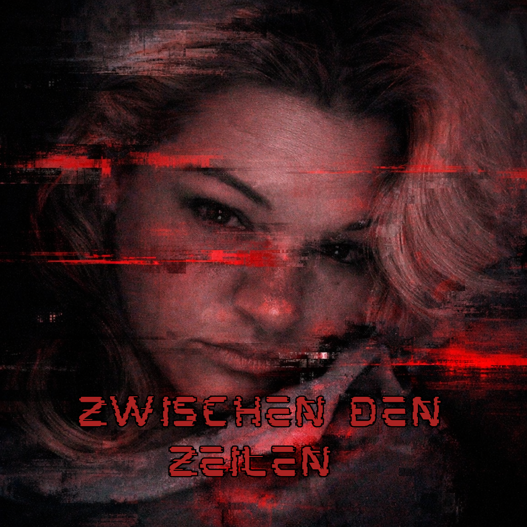 Ein Bild einer Frau mit medium braunen Haaren, die einen Blick hat. Das Bild ist digital bearbeitet mit Glitch-Effekten und rotem Text, der 'ZWISCHEN DEN ZEICHEN' lautet.
