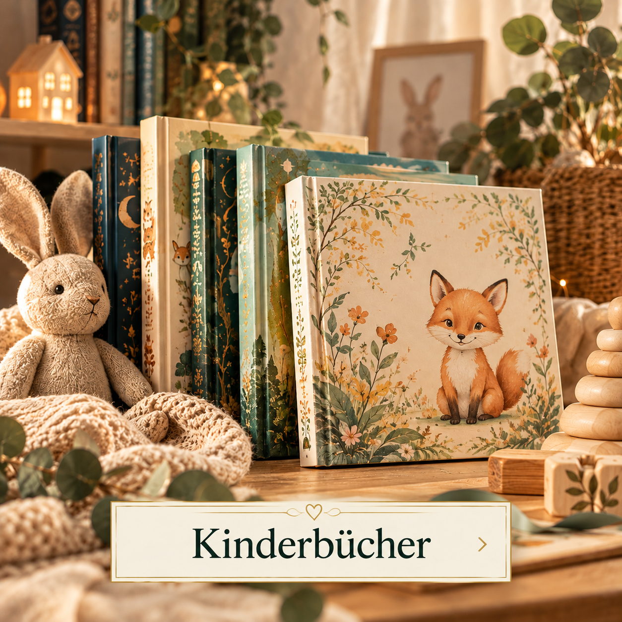 Kinderbücher mit Tierillustrationen, darunter ein Fuchs, auf einem Holzregal, umgeben von Dekorationen wie einem Stoffhasen, Holzspielzeug und Pflanzen.