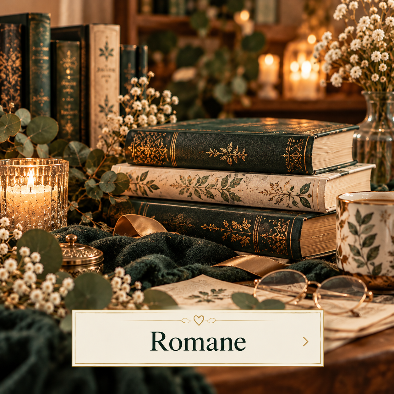 Ein Bücherstapel mit goldverzierten Einbänden, umgeben von weißen Blumen, Eukalyptusblättern, Kerzen, einer Tasse mit Blumenmuster, einer kleinen Dose, einer Brille und Dekorationsmaterialien, abgestimmt im warmen Licht.