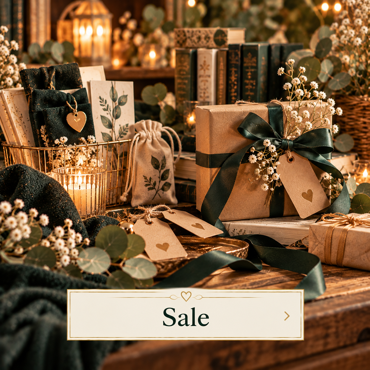 Geschenkpakete, Bücher, Kerzen, Blumen und Dekorationen bei einem Weihnachtsverkauf mit warmem Licht.