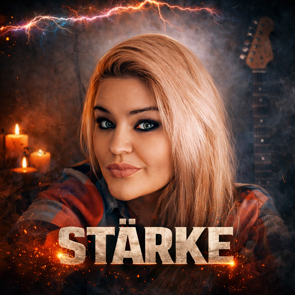 Junge Frau mit roten Haaren und blauen Augen, im Hintergrund Gewitter, lodernde Kerzen, eine Gitarre, und Blitz am Himmel, mit dem Wort "Stärke" im Vordergrund.