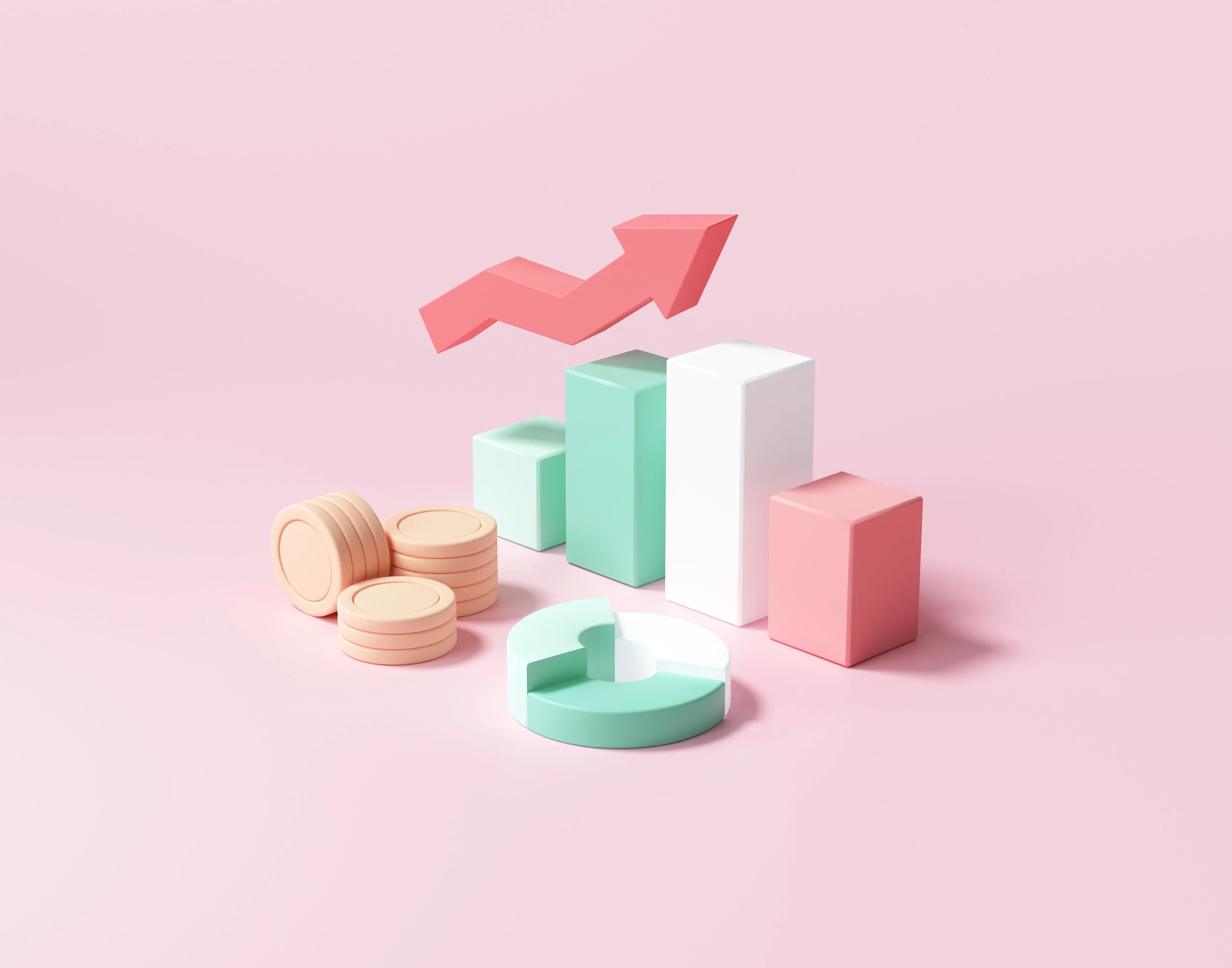 A pink background with a set of light pastel-colored 3D bar graph, pie chart, and coins showing growth and financial data.