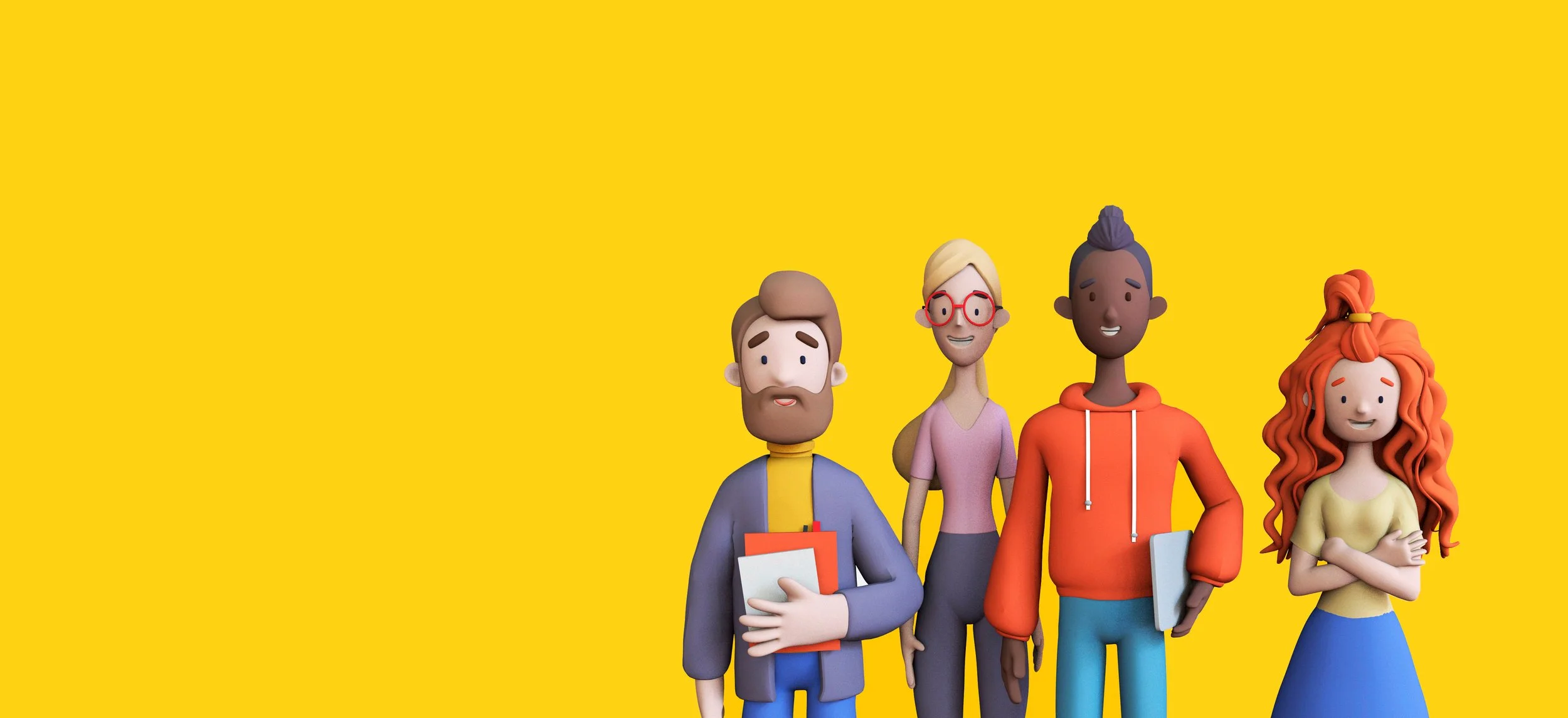 Four animated diverse people standing against a bright yellow background, smiling and holding books or folders.
