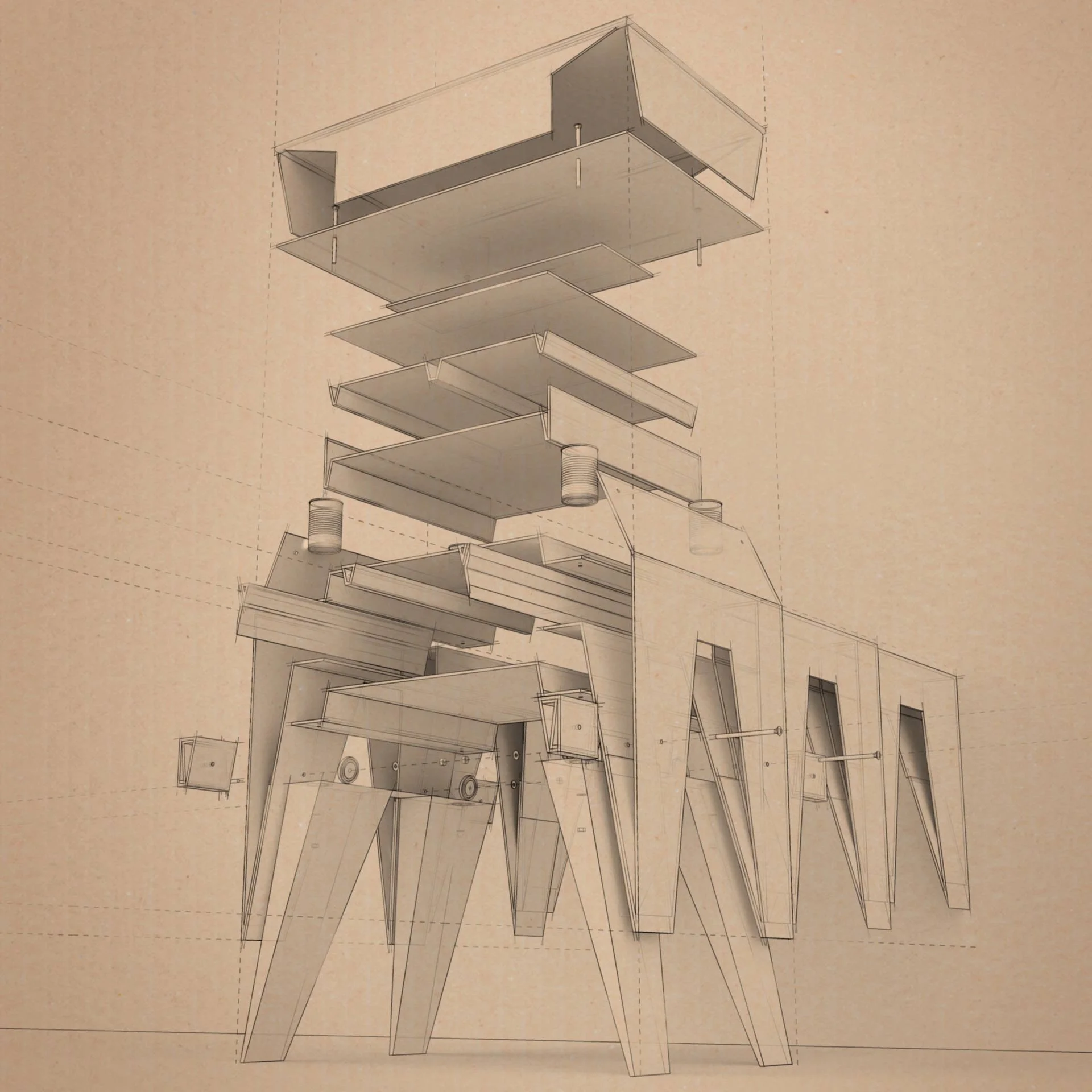 Architectural drawing of a multi-level building with structural frameworks, walls, and ductwork visible.
