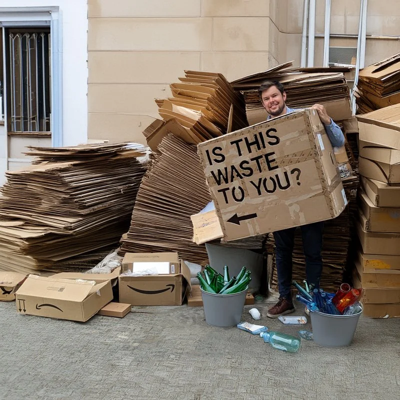 A man stands among stacks of flattened cardboard boxes outside a building, holding a large sign that reads 'Is this waste to you?' The scene suggests a recycling or waste disposal area with debris and empty bottles in buckets around him.