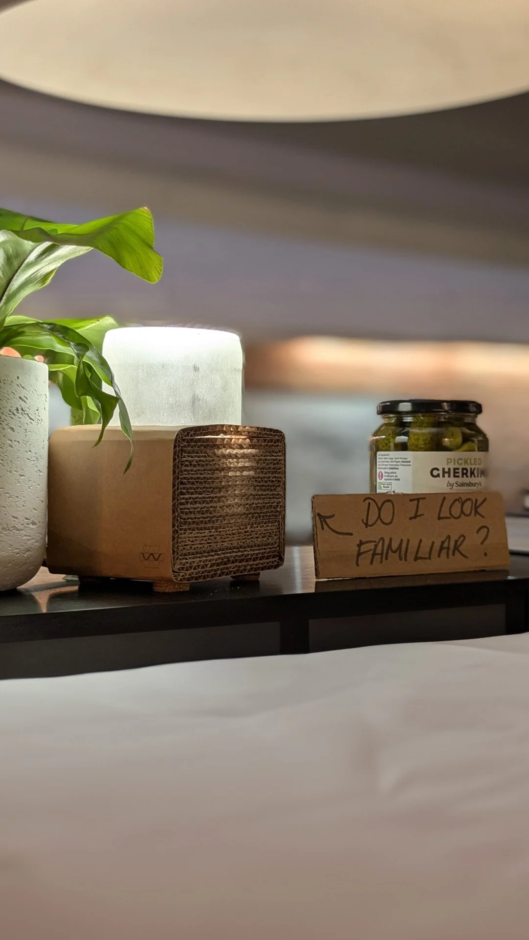 A glowing table light made from upcycled cardboard and an old glass Gherkin Jar, with a handwritten note adjacent learning against a new jar of Gherkins saying 'Do I look familiar?' on a shelf with a pot plant.